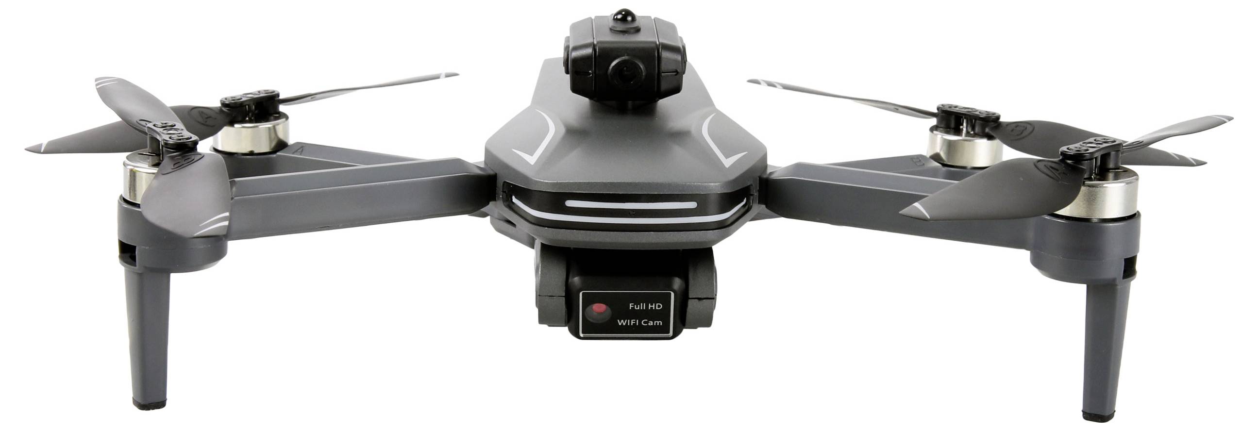Un drone quadricoptère noir avec une caméra centrale, quatre hélices et des accents gris, positionné en vue frontale sur un fond blanc.