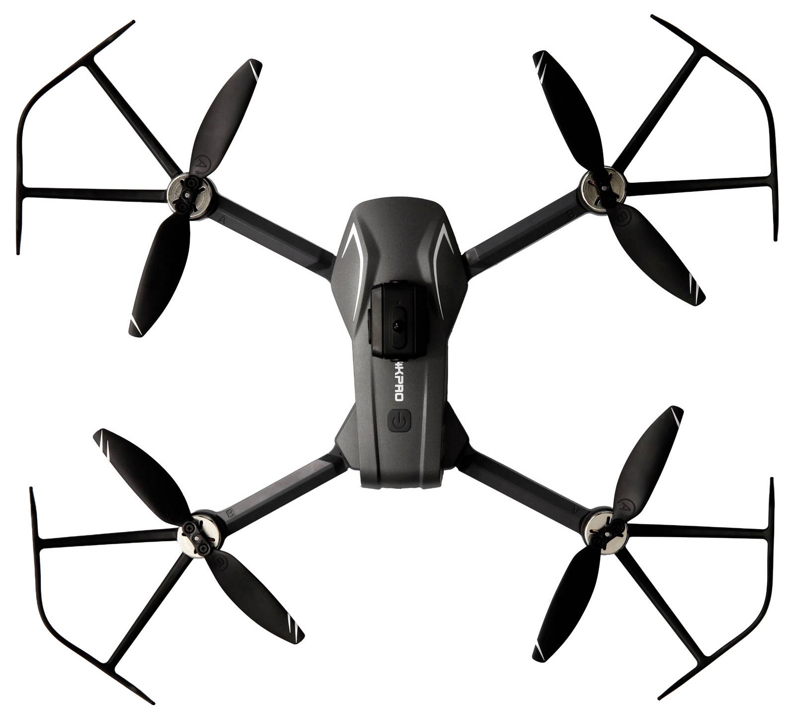 Vue aérienne d'un drone quadricoptère gris avec quatre hélices, des bras droits et un support de caméra, isolé sur un fond blanc.
