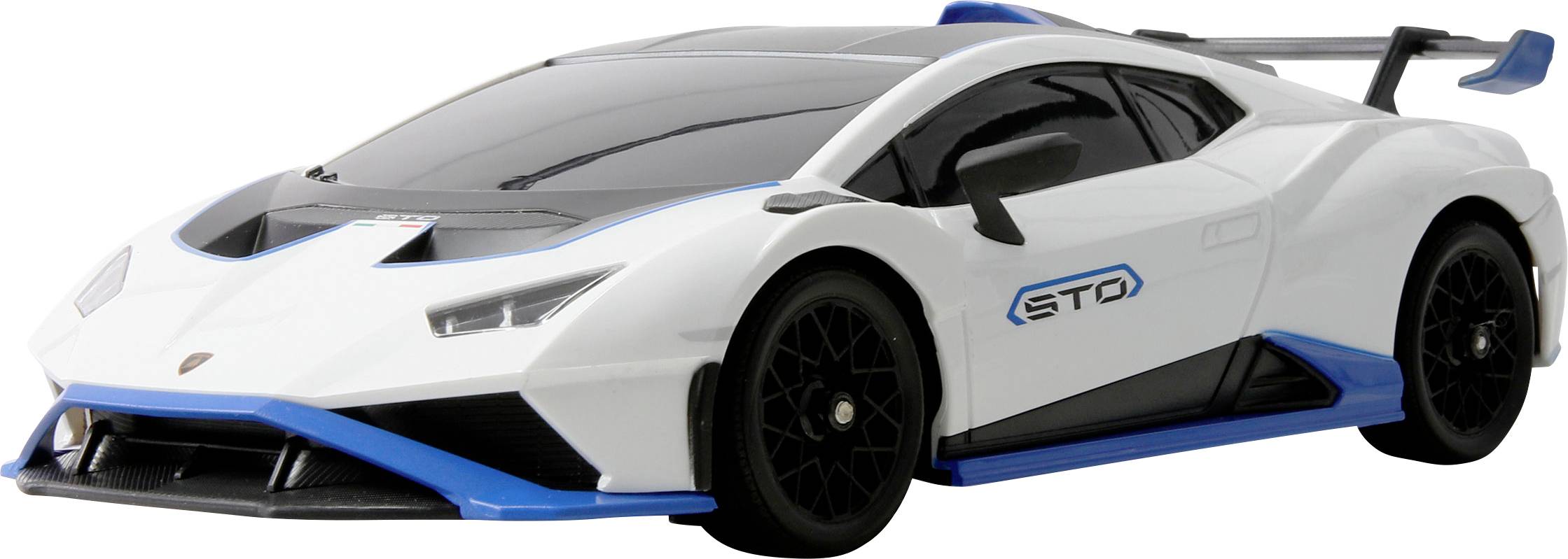 Un jouet de voiture de sport élégant, blanc et bleu, avec des roues noires et un design aérodynamique, présentant un aspect moderne et inspiré des courses automobiles.