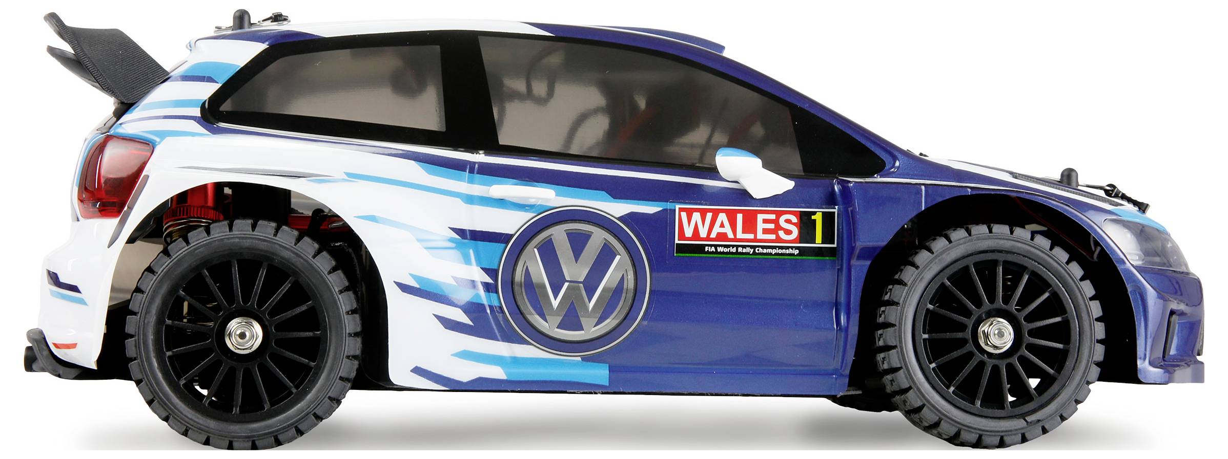 Une voiture miniature de rallye bleue et blanche avec un autocollant 'Wales 1' et le logo Volkswagen sur le côté, mettant en valeur le thème du sport automobile.