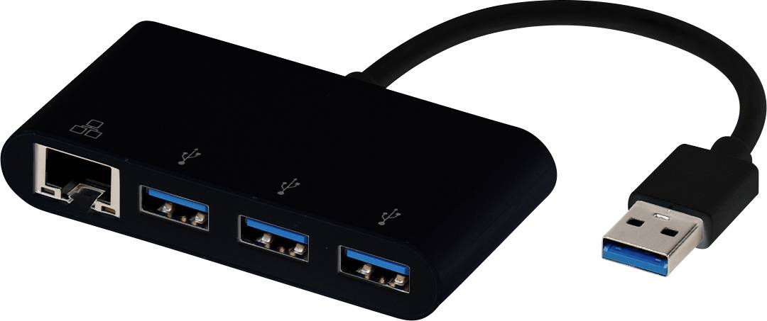 Un hub USB noir avec un câble connecté dispose de trois ports USB 3.0 et d'un port Ethernet, conçu pour élargir les options de connectivité.