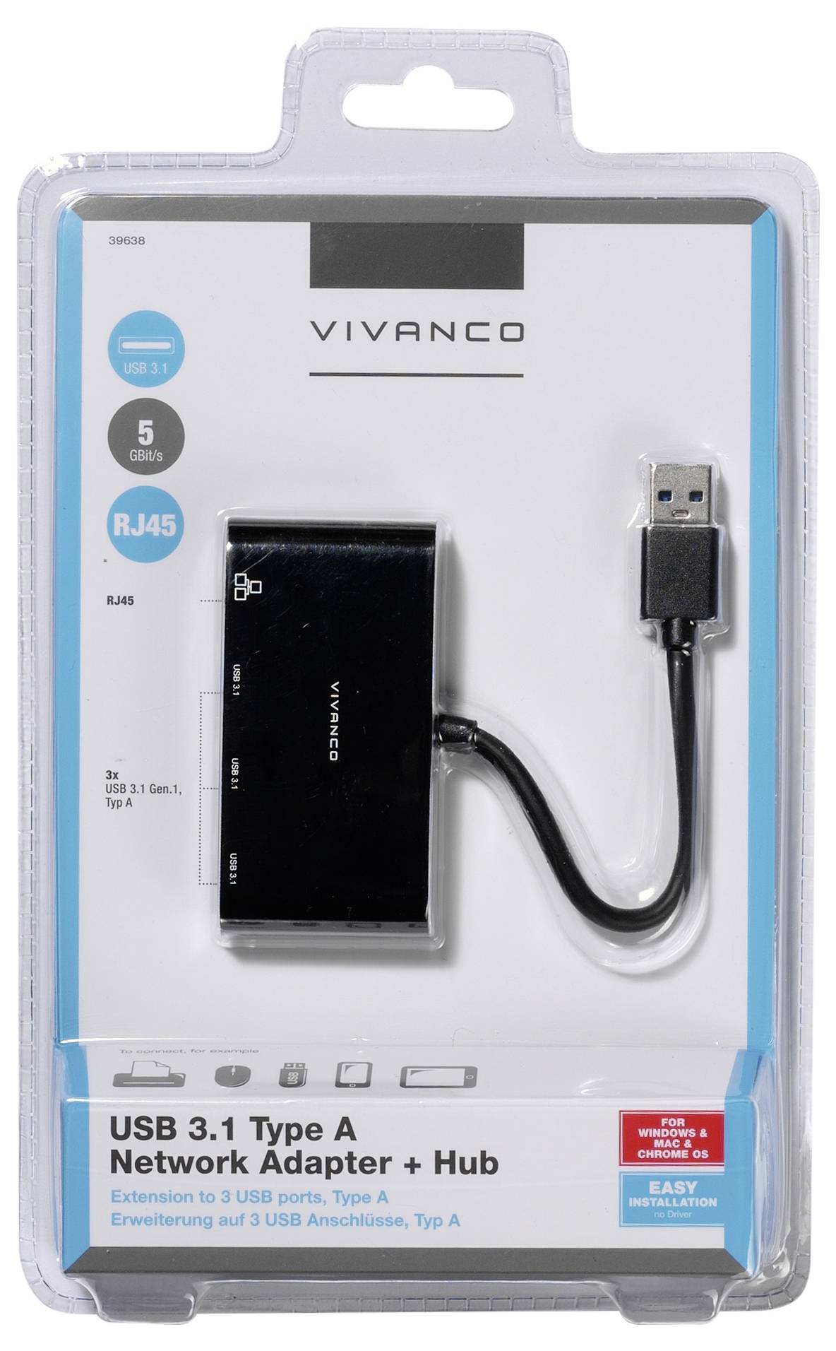 L'emballage de l'adaptateur réseau Vivanco USB 3.1 Type A + Hub présente un adaptateur noir avec trois ports et un câble USB, offrant un accès RJ45.