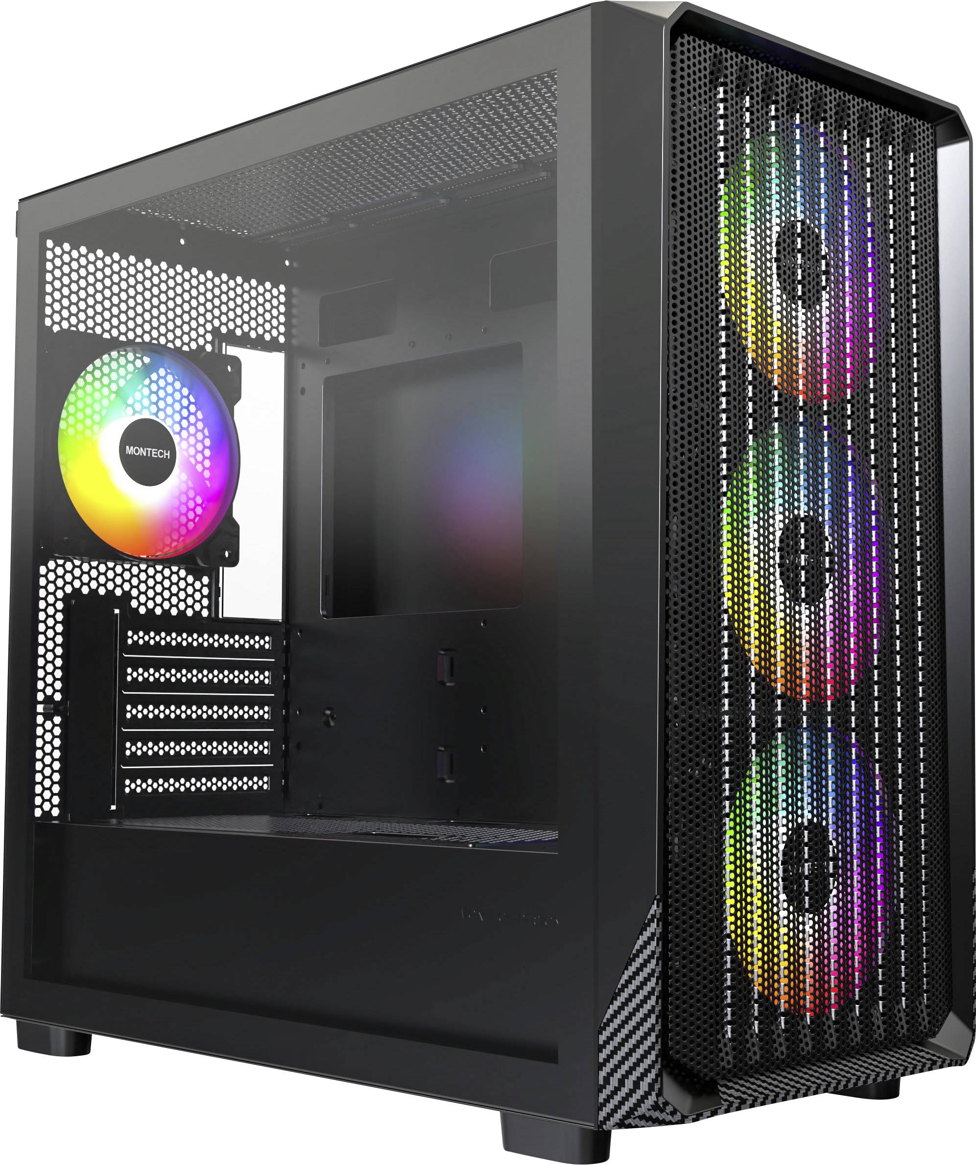 Un boîtier d'ordinateur noir avec un panneau avant en maille intégrant trois ventilateurs RGB alignés verticalement et un ventilateur RGB supplémentaire à l'arrière.