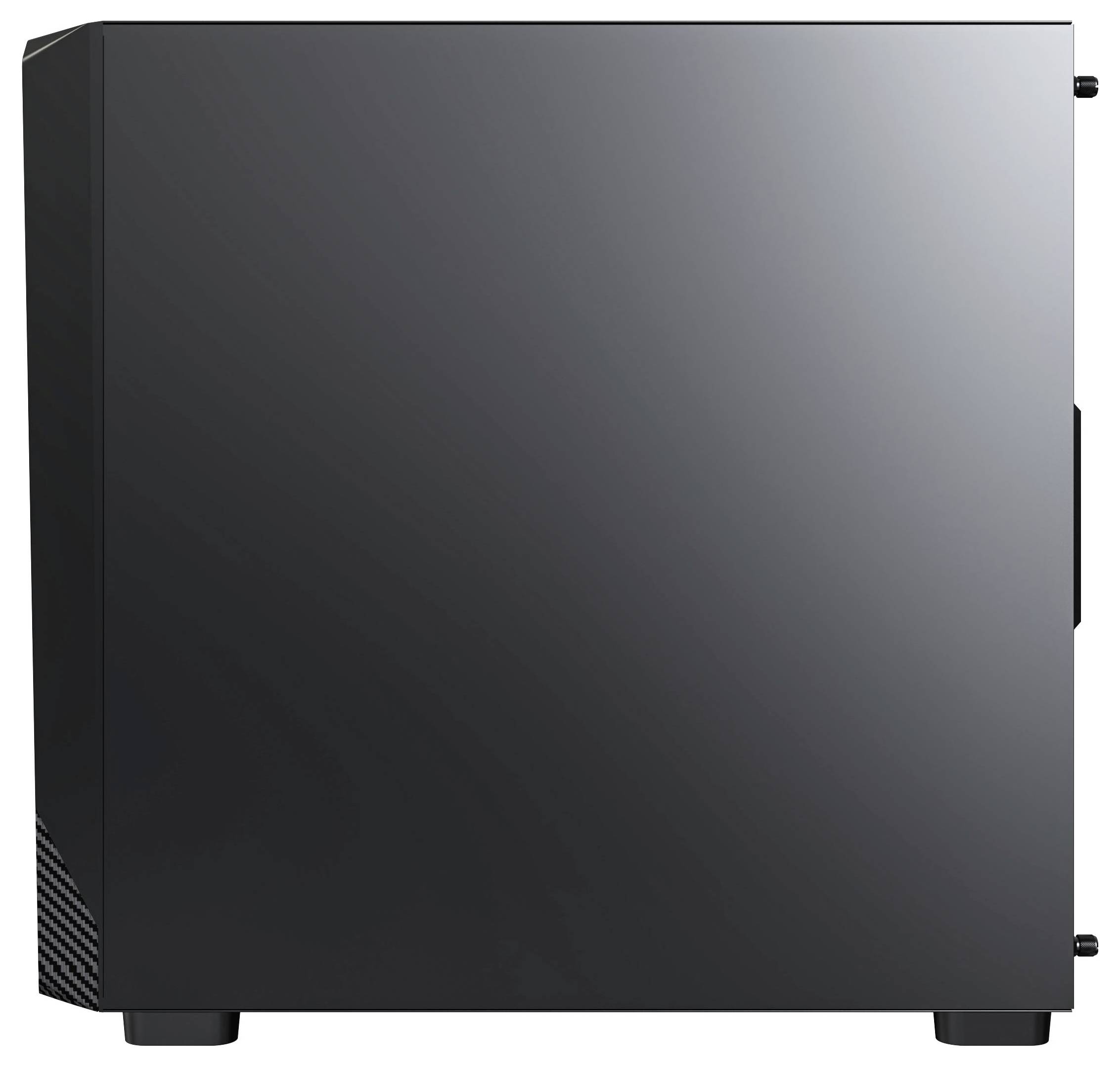 Un boîtier d'ordinateur élégant, noir, au design minimaliste, sans logos visibles ni ports sur le panneau avant, vu de côté.