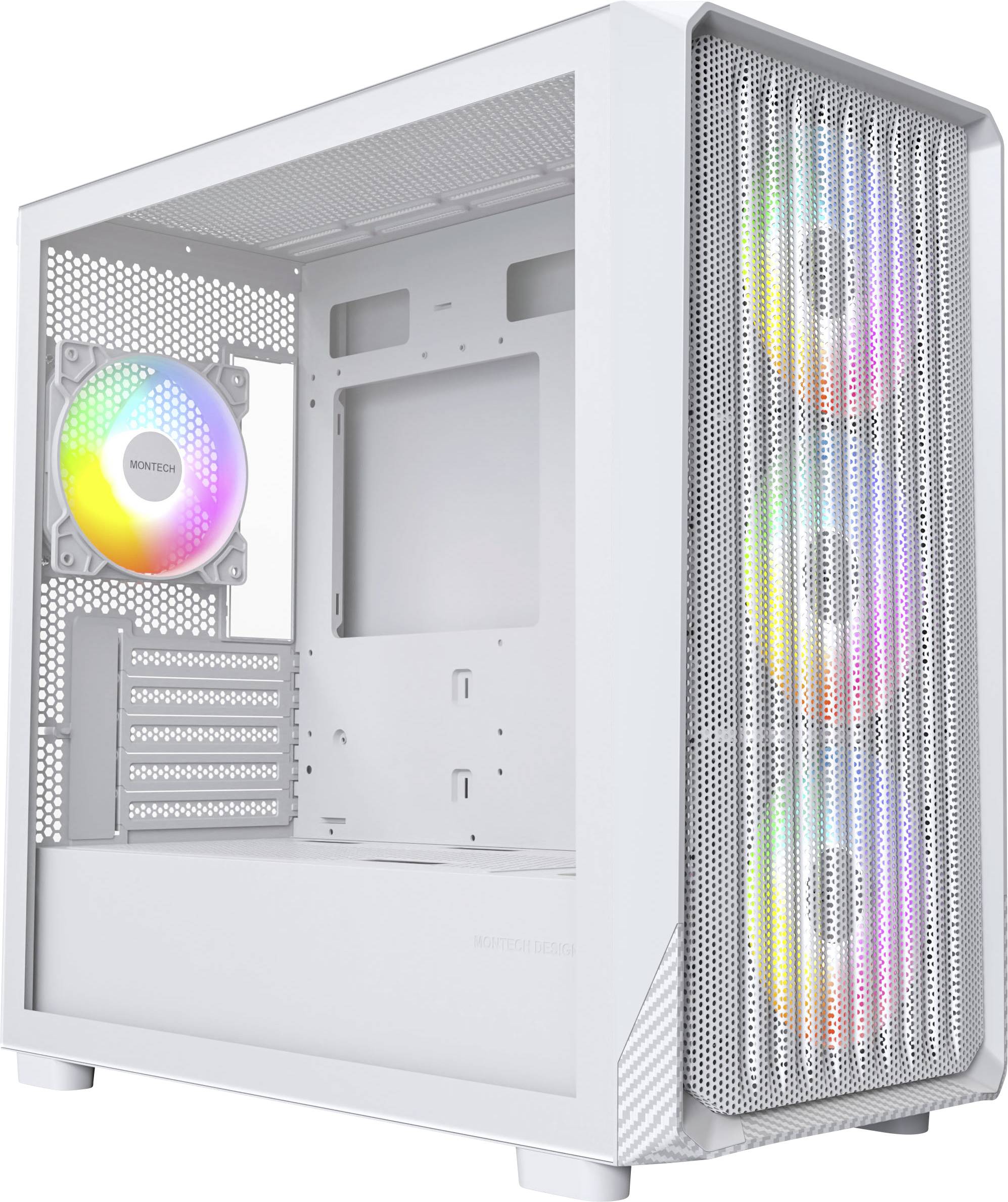 Un boîtier d'ordinateur blanc équipé de ventilateurs RGB à l'avant et à l'arrière, doté d'un panneau avant en maille pour assurer la circulation de l'air, présentant un intérieur vide prêt à accueillir des composants.