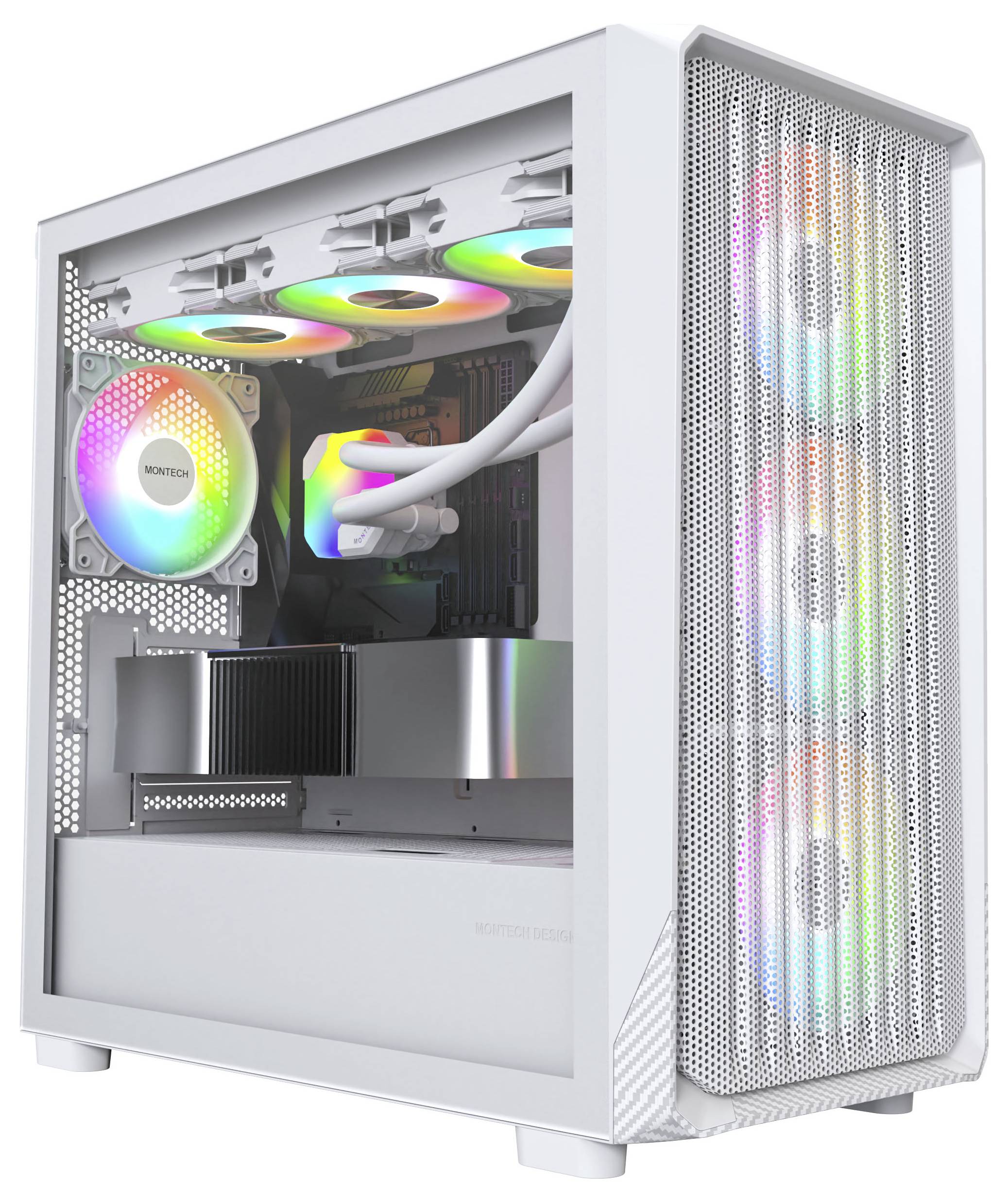 Un boîtier d'ordinateur blanc avec des ventilateurs LED RVB et un panneau latéral transparent, mettant en valeur un système de refroidissement haute performance et ses composants.