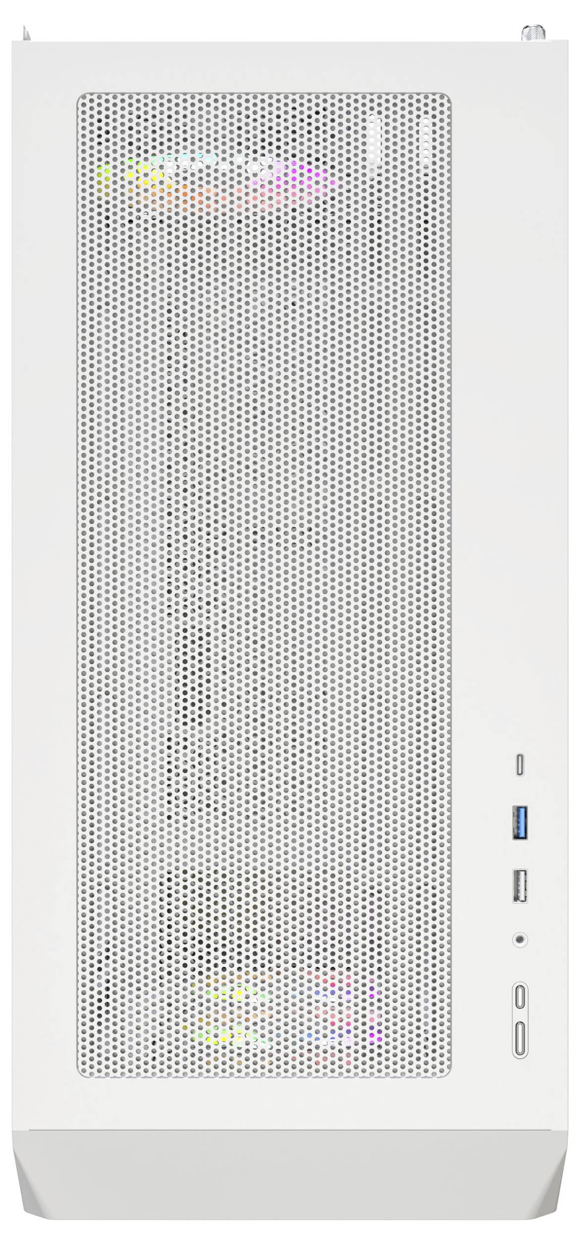Boîtier d'ordinateur blanc, vue de face, montrant un panneau en maille, des ports USB, un bouton d'alimentation, et un éclairage intérieur subtil visible à travers la maille.