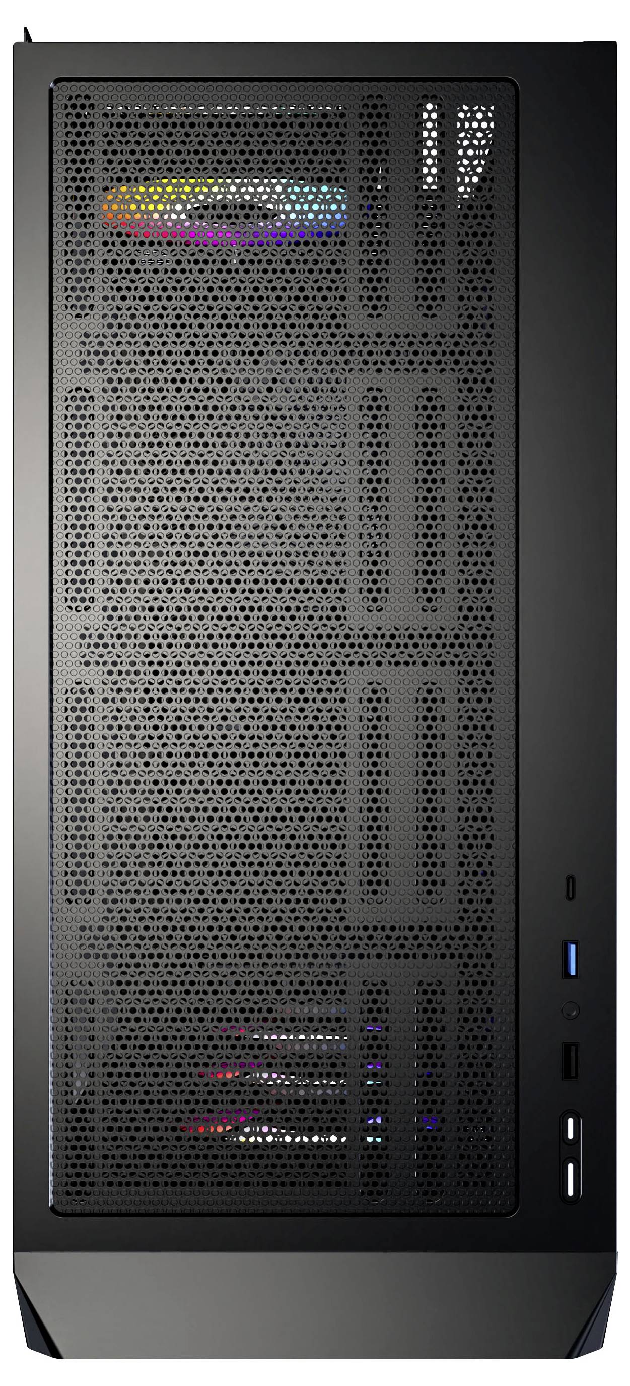 Un boîtier d'ordinateur noir avec un panneau avant perforé, révélant des composants internes et des lumières LED colorées, avec des ports USB sur le côté.