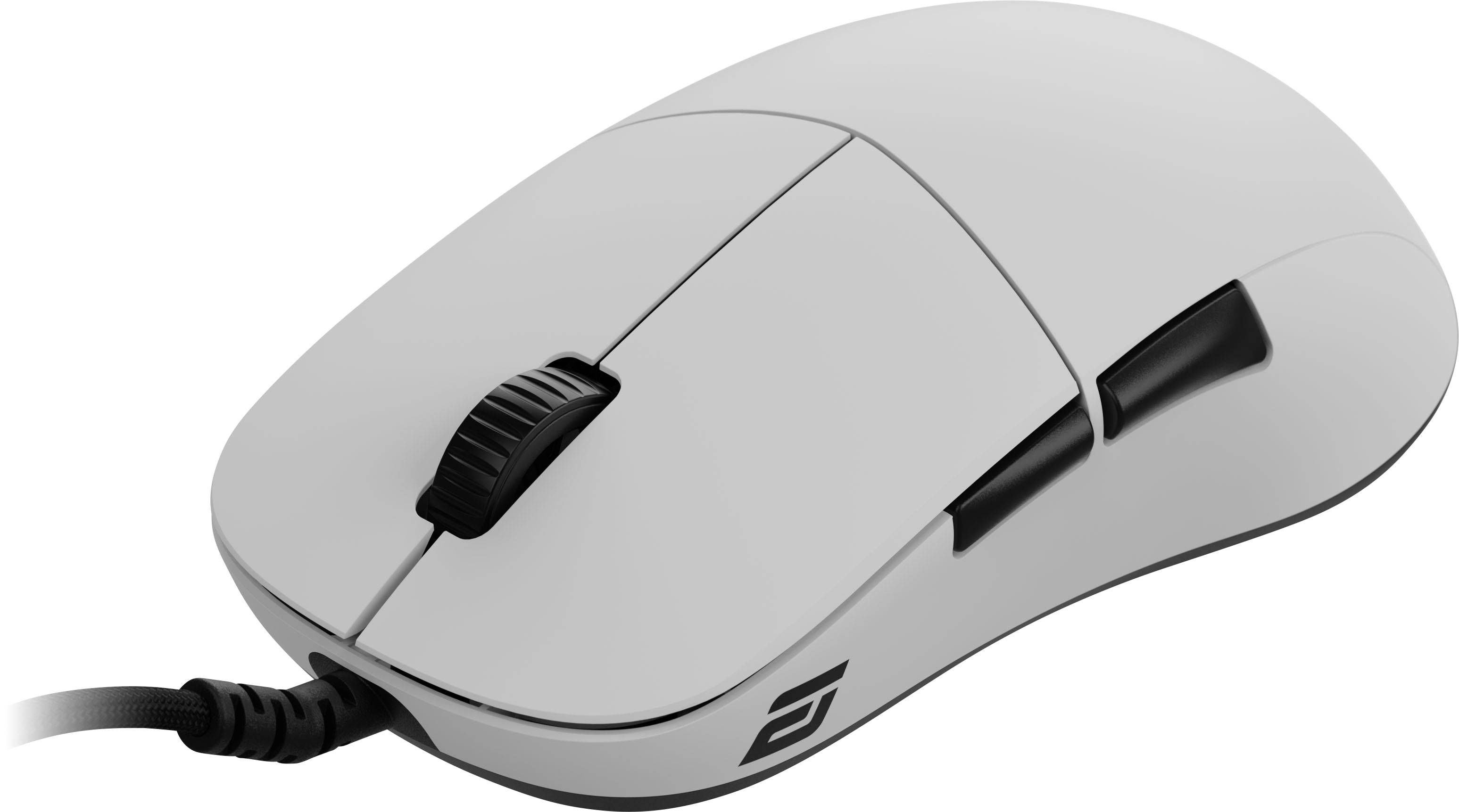 Une souris d'ordinateur blanche avec des boutons noirs et un cordon, présentant un design épuré et un logo sur le côté.