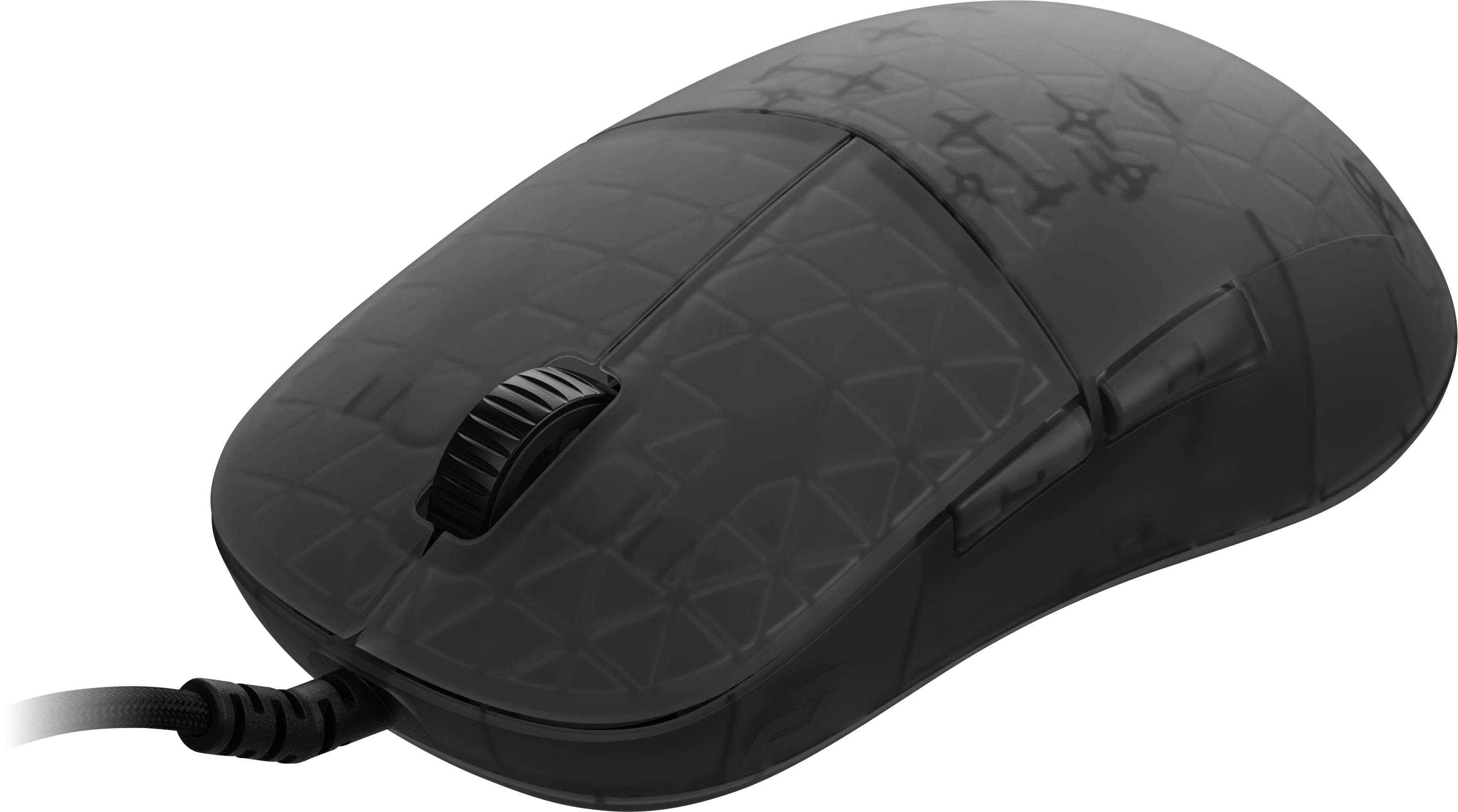 Une souris d'ordinateur noire et filaire avec une surface lisse et texturée, dotée d'une molette de défilement et connectée par un câble sur le côté gauche.