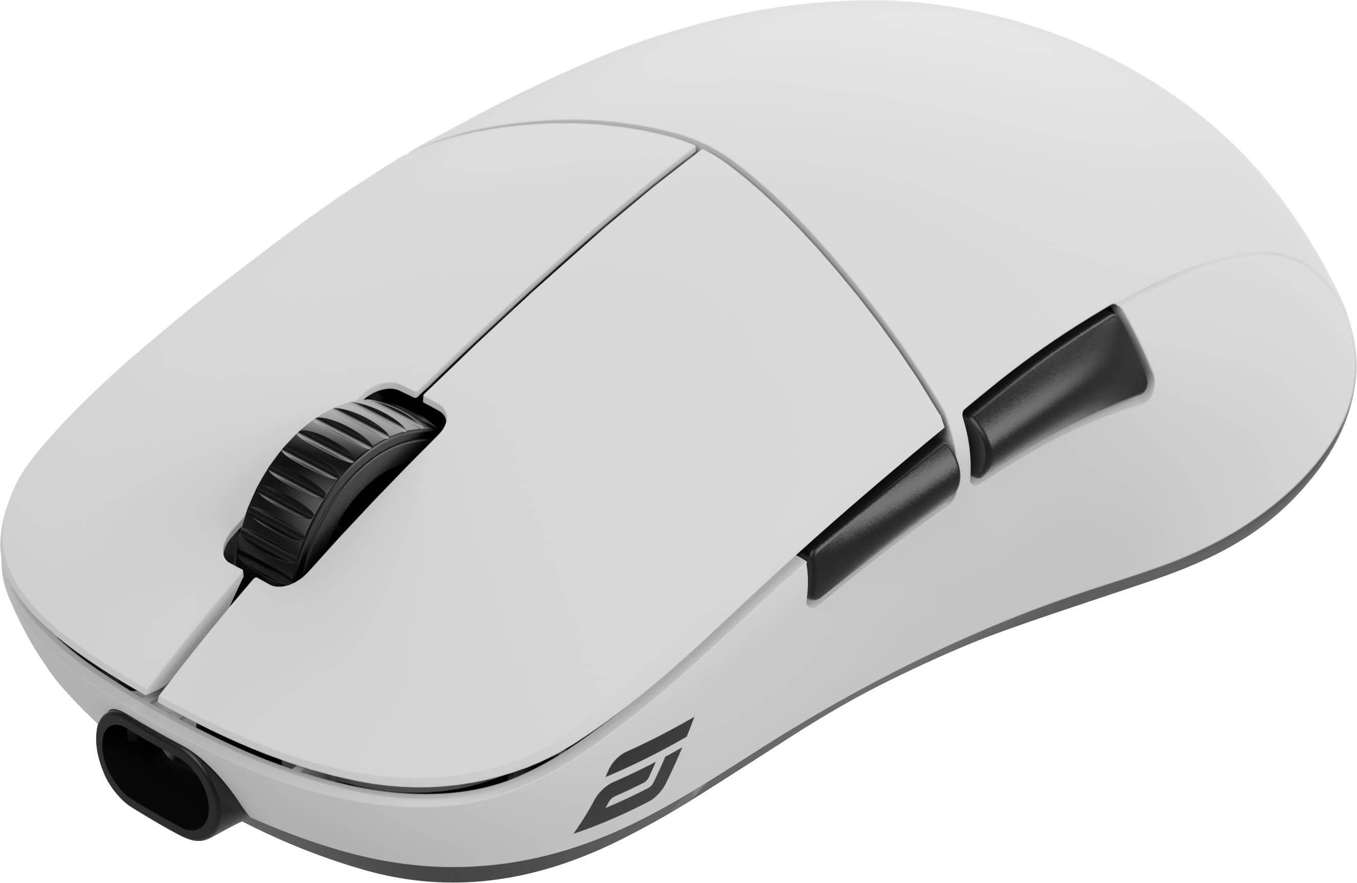 Une souris d'ordinateur gris clair et épurée avec deux boutons principaux, une roulette de défilement et des boutons latéraux supplémentaires, conçue pour une utilisation ergonomique.