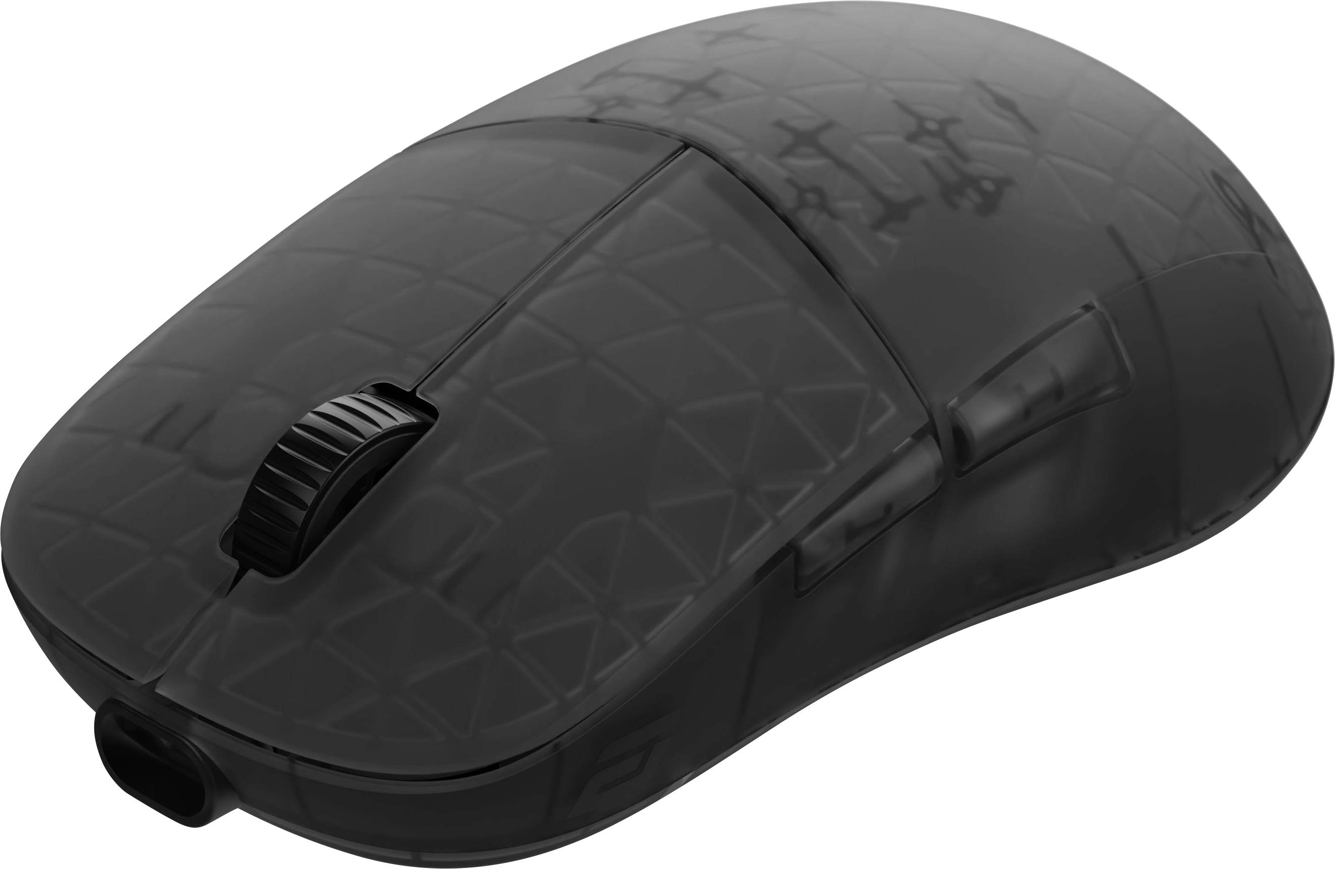 Une souris d'ordinateur sans fil noire et élégante avec une surface texturée et une molette de défilement, conçue pour une utilisation ergonomique.