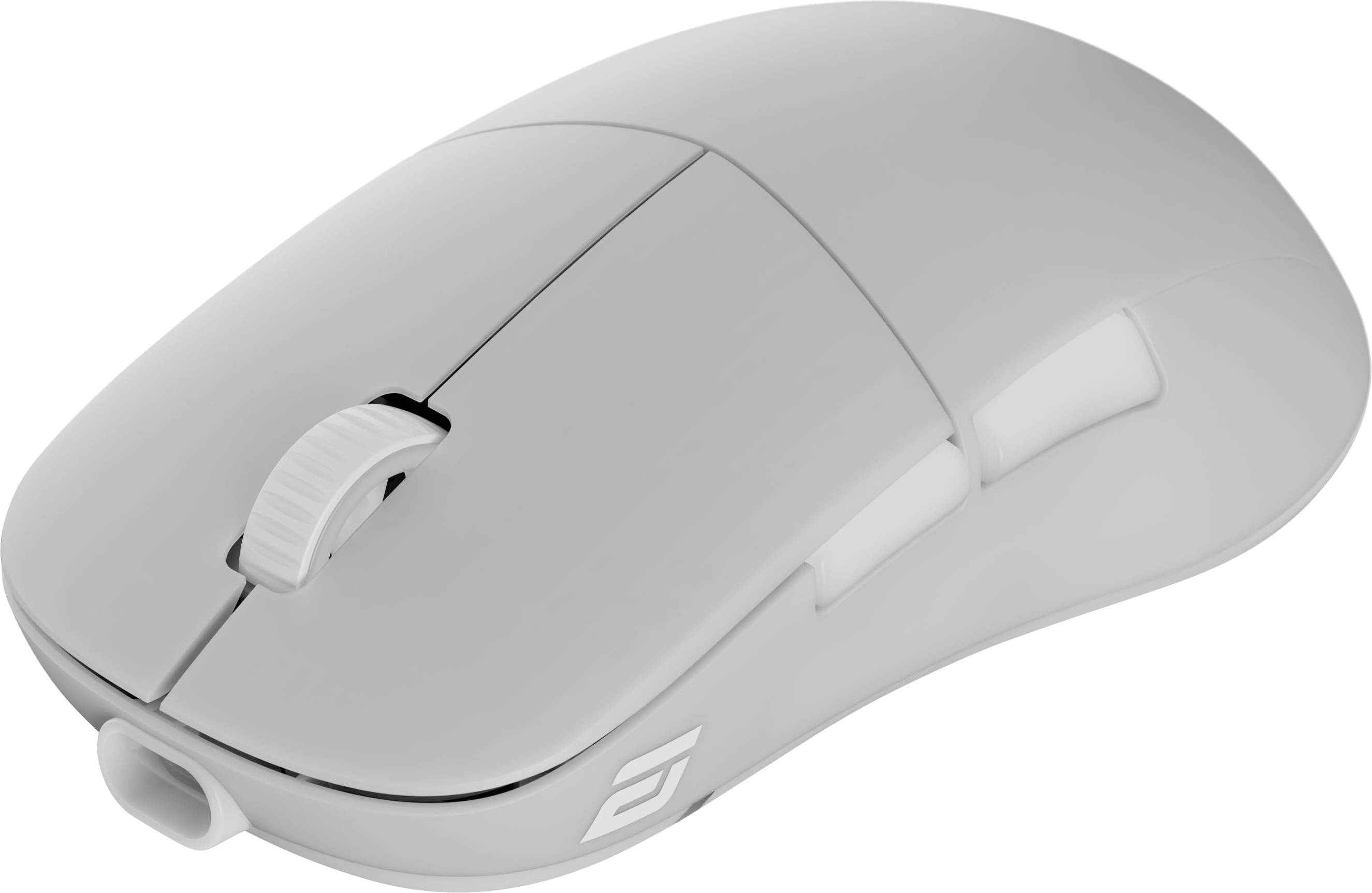 Une souris d'ordinateur élégante et blanche dotée d'une molette de défilement et d'un design ergonomique, vue sous un angle qui met en évidence sa forme simple et son marquage minimaliste.