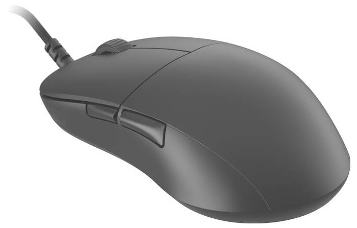 Une souris d'ordinateur filaire noire avec une molette de défilement et deux boutons, vue de côté.