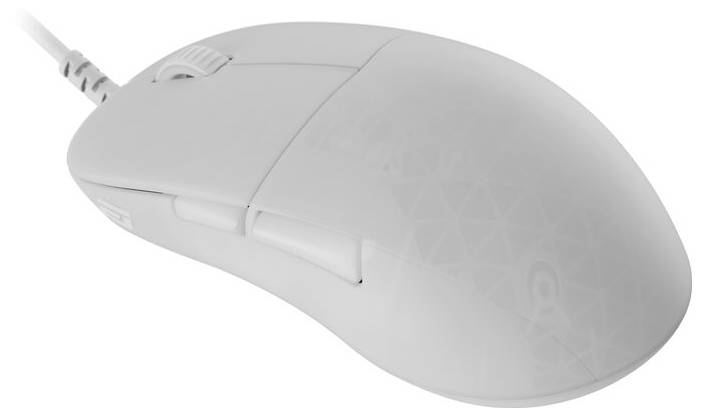Une souris d'ordinateur blanche filaire au design ergonomique et fluide, présentant des motifs géométriques subtils sur sa surface.