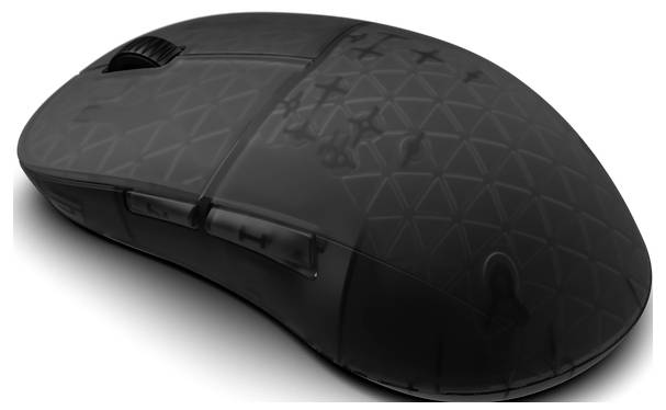 Une souris d'ordinateur noire, ergonomique, avec une surface texturée et plusieurs boutons, incluant une molette de défilement, conçue pour une prise en main améliorée.