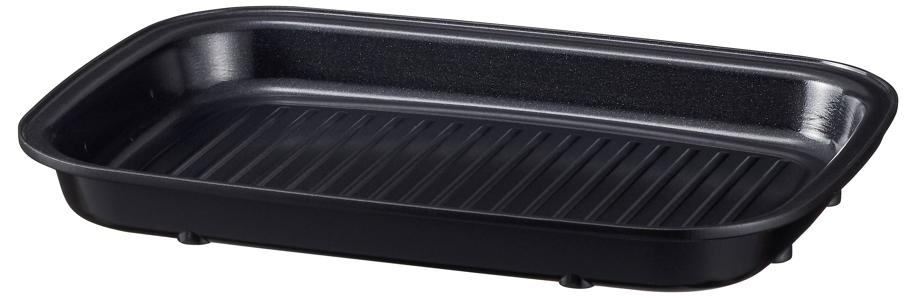 Un plateau rectangulaire noir en plastique avec des rainures texturées, généralement utilisé pour griller ou contenir des aliments.
