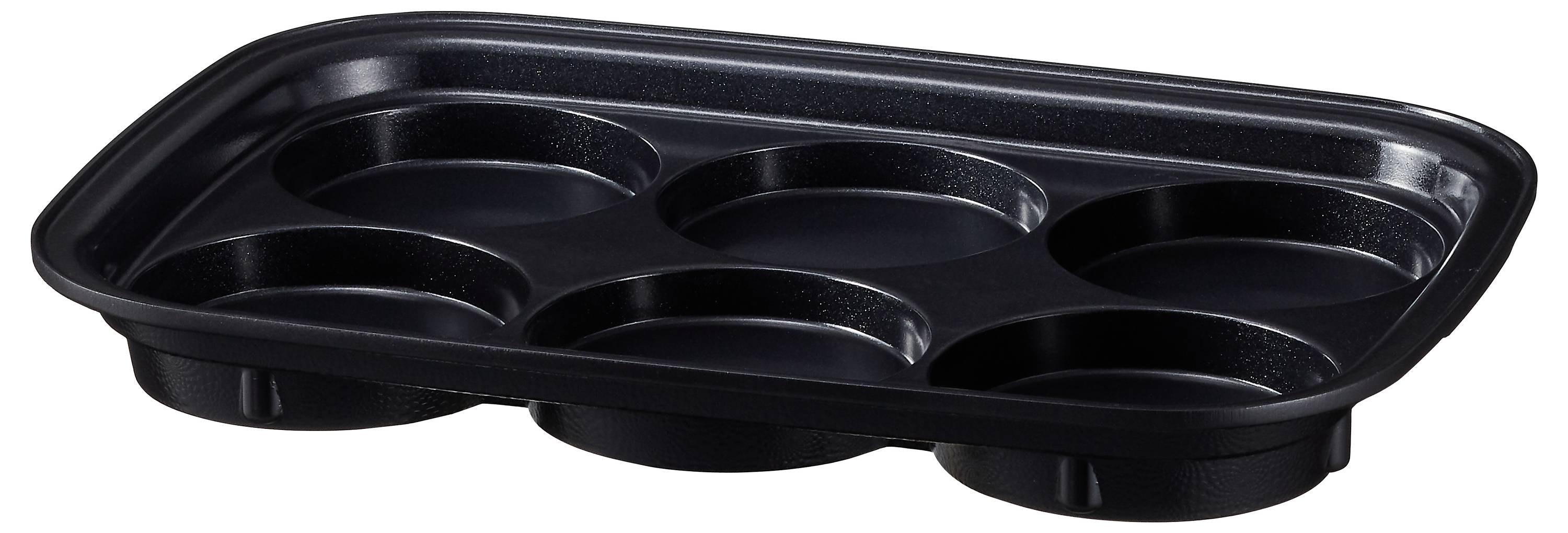 Un plateau à muffins en plastique noir avec six moules circulaires, présenté à un léger angle.