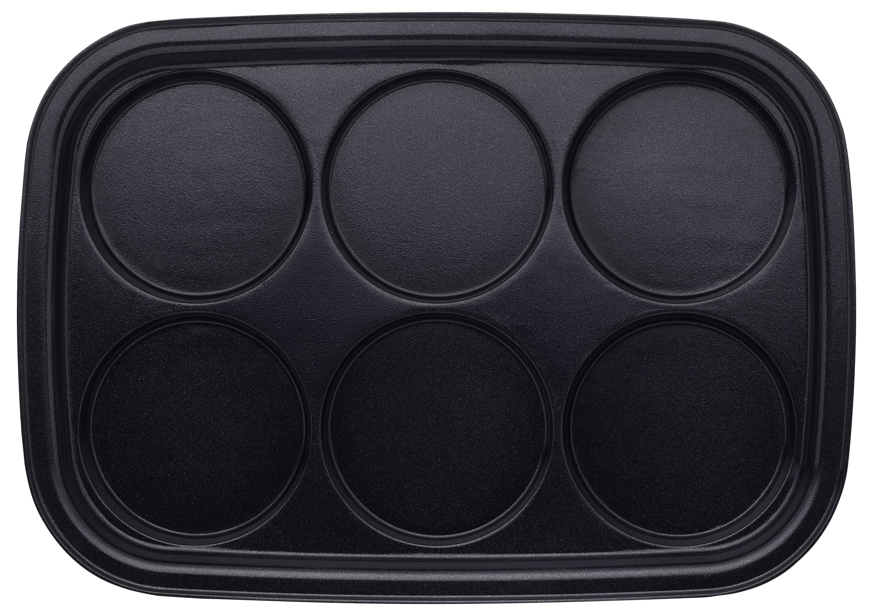 Un moule à muffins noir anti-adhésif de six empreintes, vu de dessus, sans pâte ni muffins à l'intérieur.