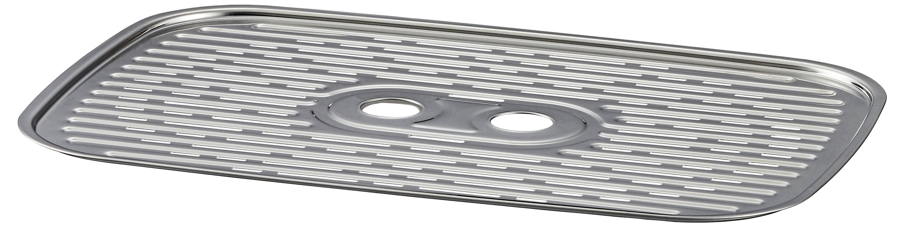 Un plateau de récupération rectangulaire en métal argenté, avec des rainures parallèles et deux trous circulaires au centre.