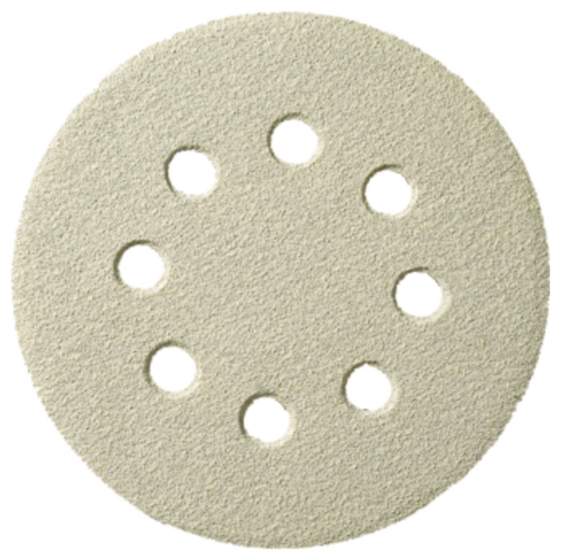 Round sandpaper disc with eight evenly spaced holes.