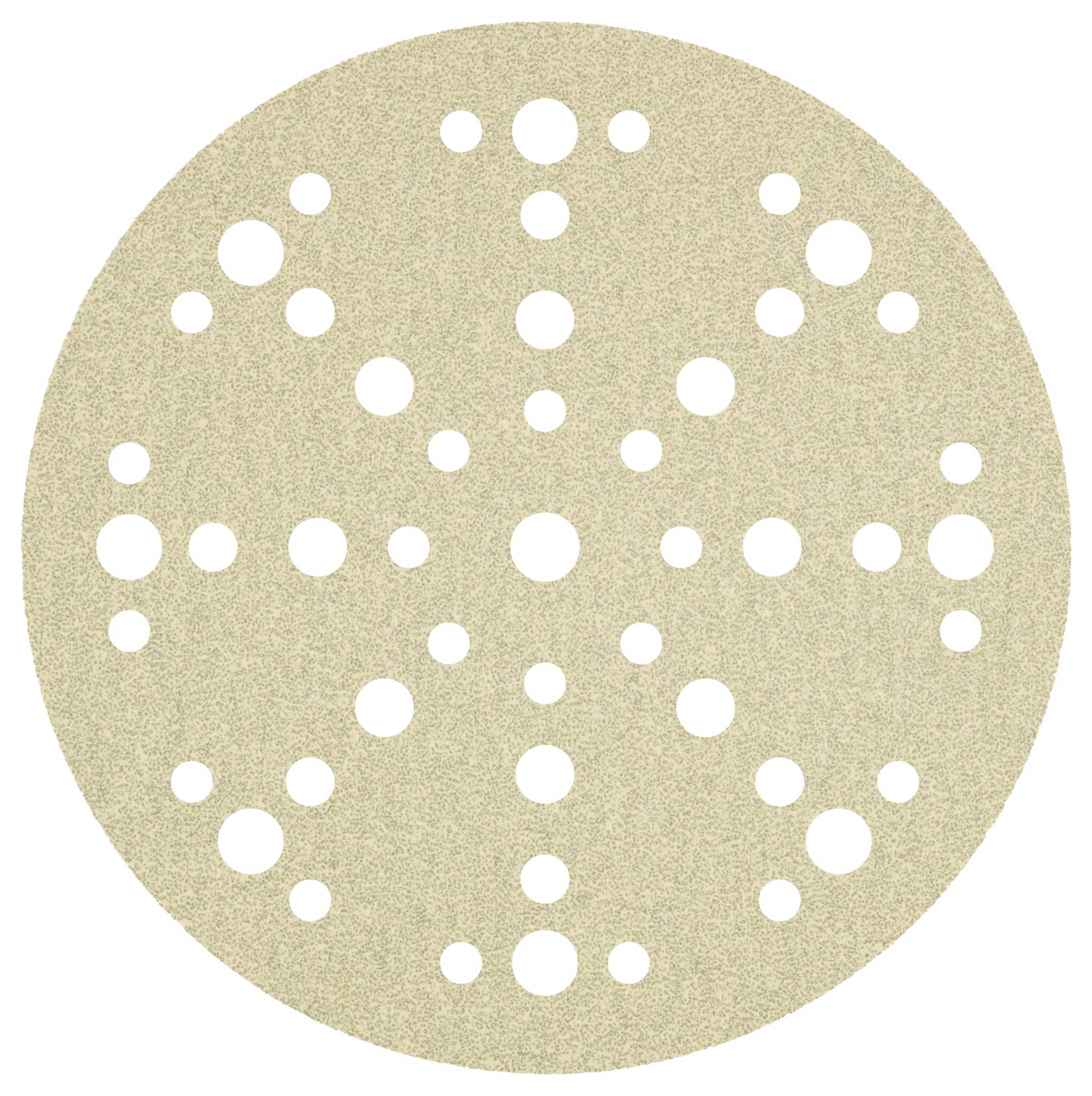 Circular sandpaper disc with multiple holes of varying sizes evenly distributed across its surface.