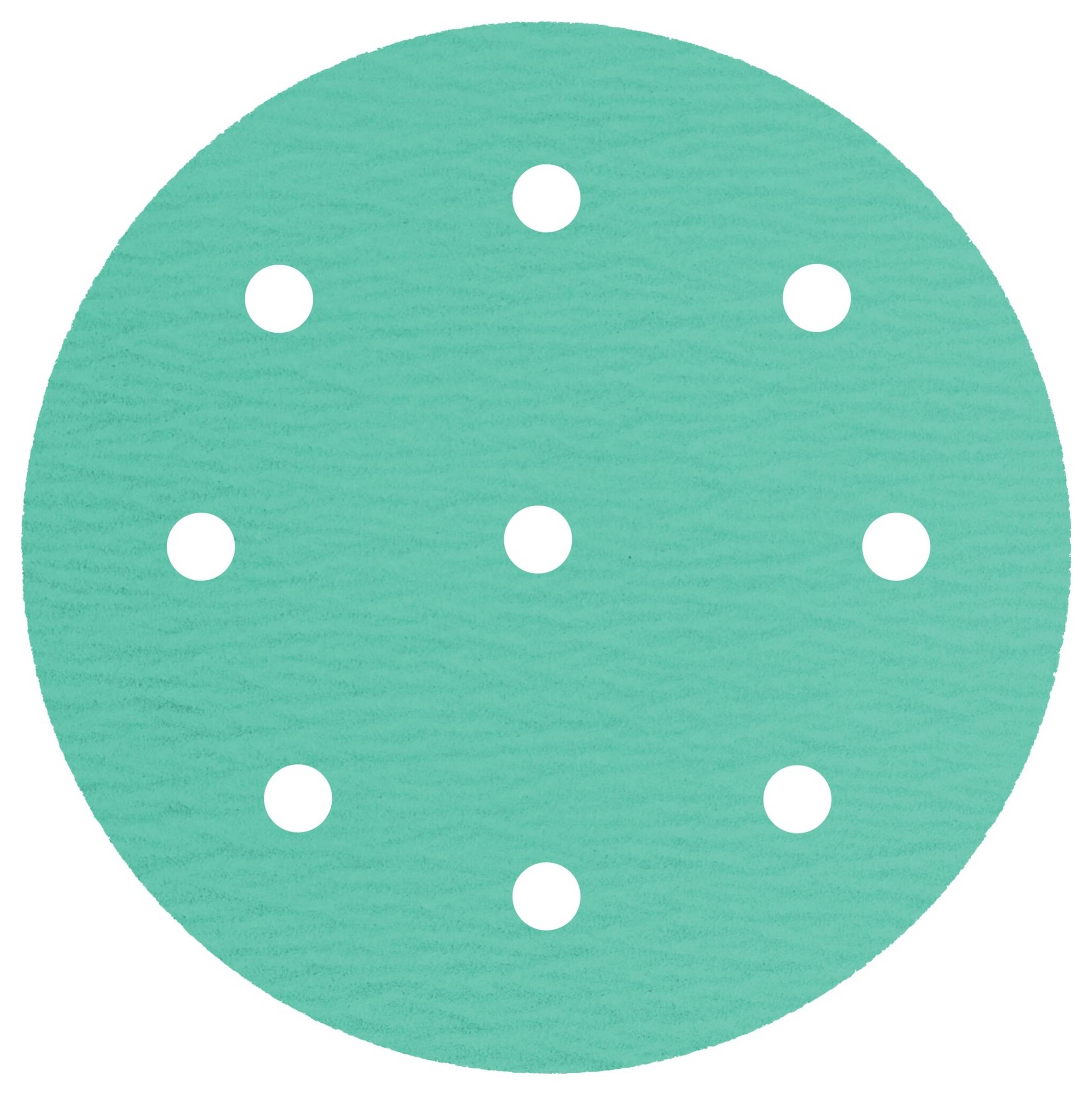 A teal circular sanding disc with 8 evenly spaced holes.