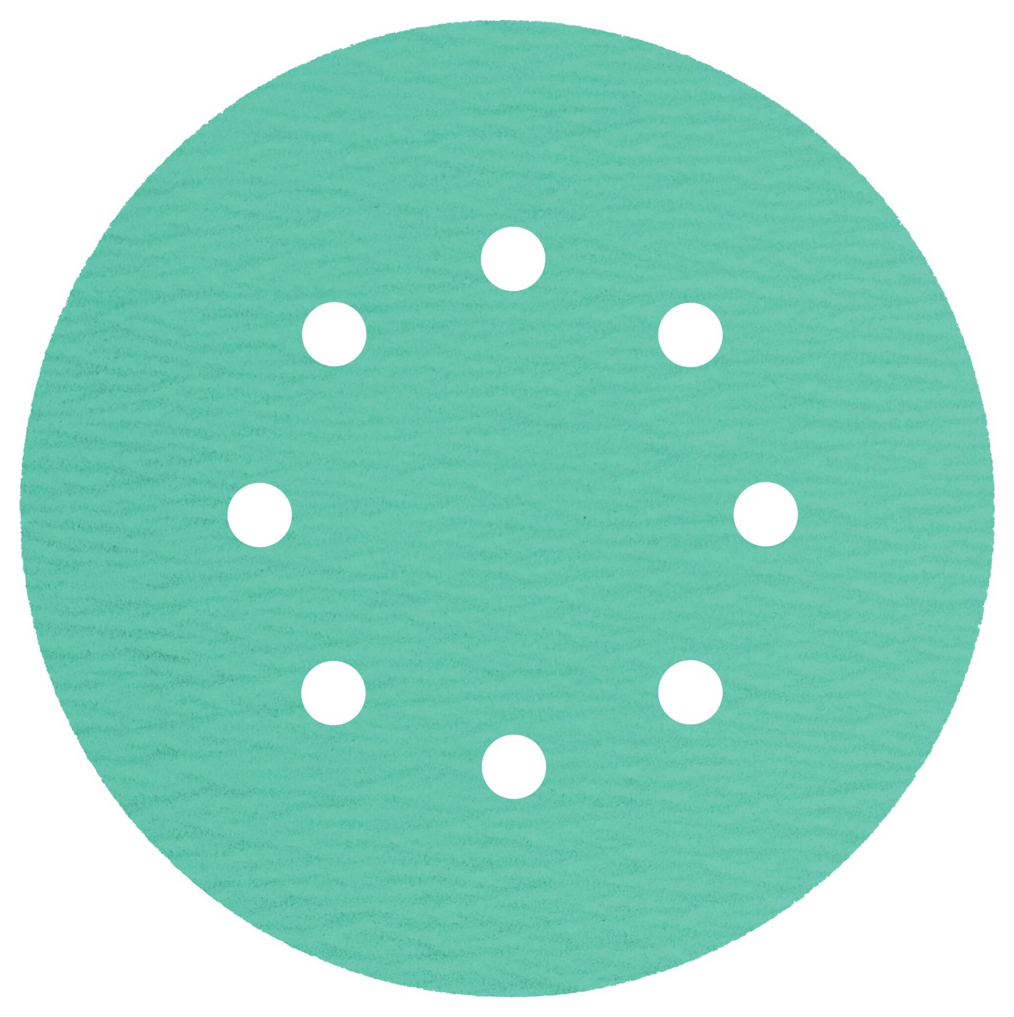 Un disque de ponçage rond de couleur bleu-vert doté de huit trous espacés uniformément et disposés en cercle.