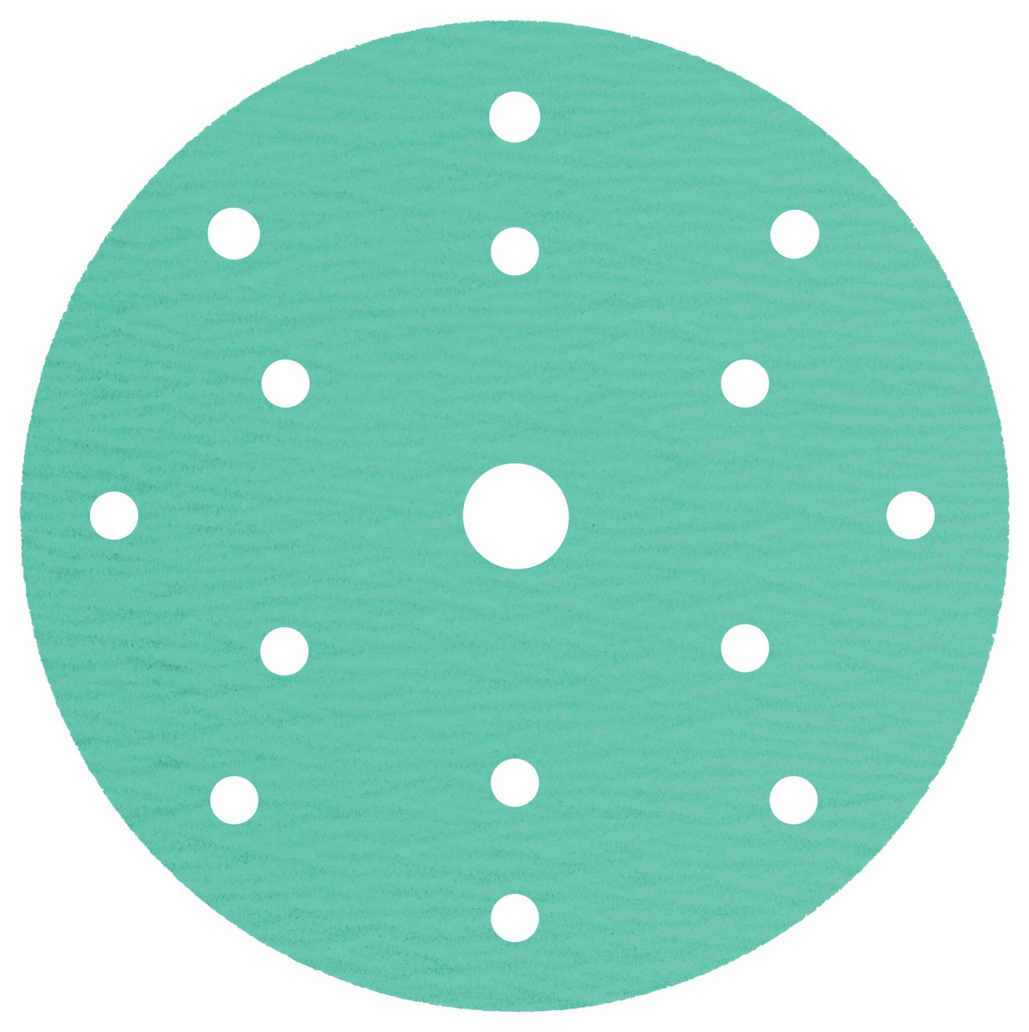 A circular teal sanding disc with multiple small holes symmetrically arranged, used for sanding surfaces with a compatible power tool.