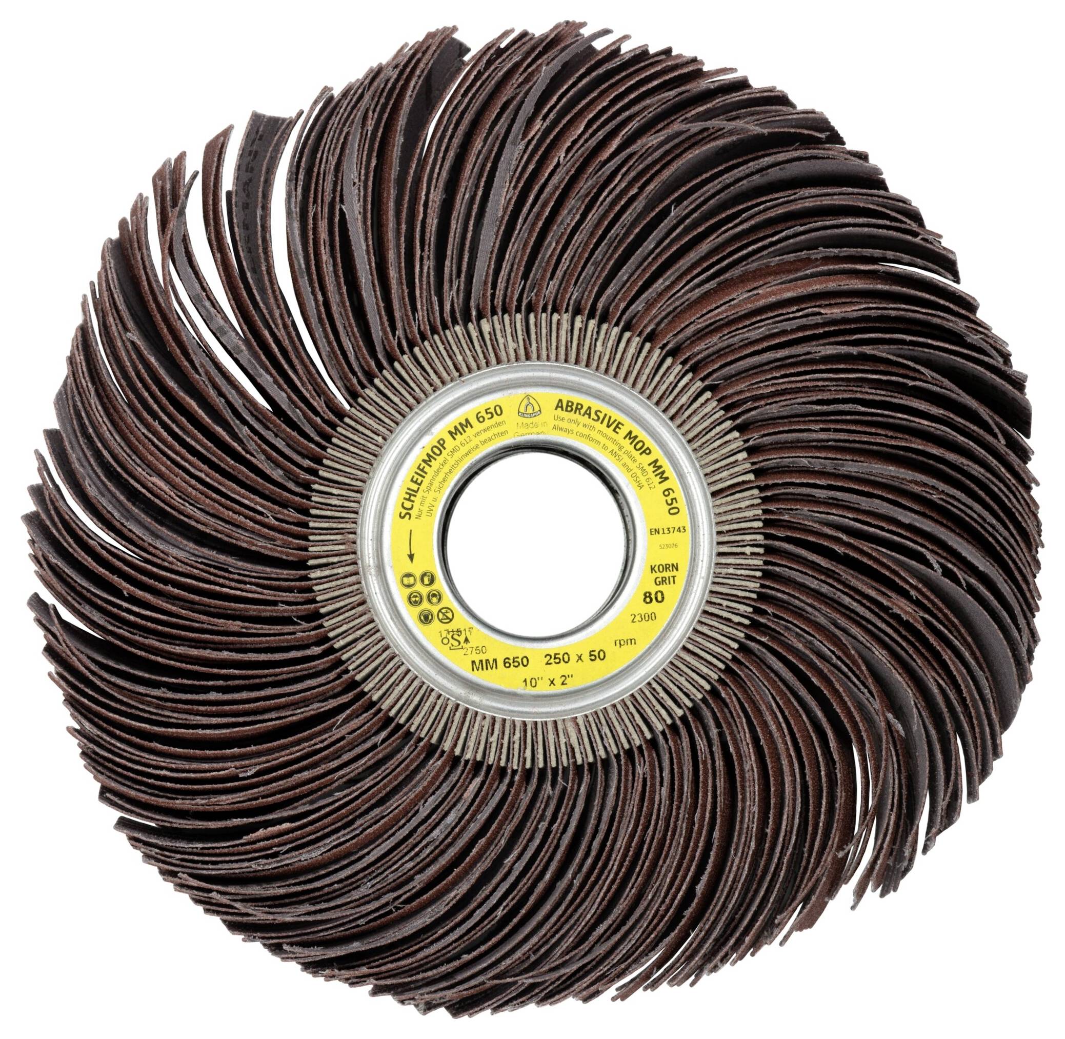 Roue à lamelles abrasives avec plusieurs couches de papier de verre brun, utilisée pour la finition de surfaces. Conception circulaire avec étiquette centrale jaune.