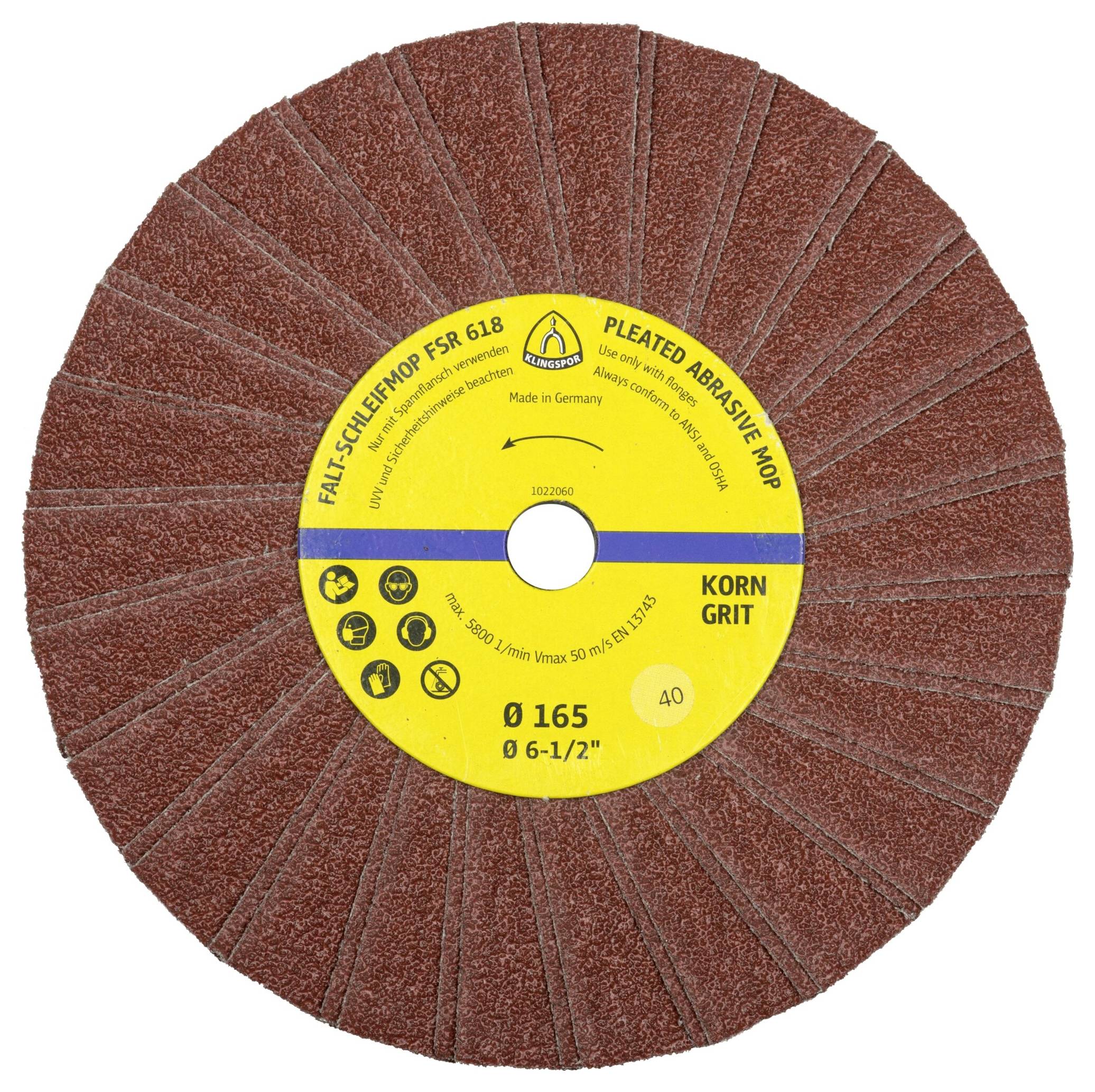 Un disque de serpillière abrasive rond et plissé avec des segments de papier de verre brun et un étiquette centrale jaune indiquant les spécifications de taille et de grain « Ø 165 A40 ».