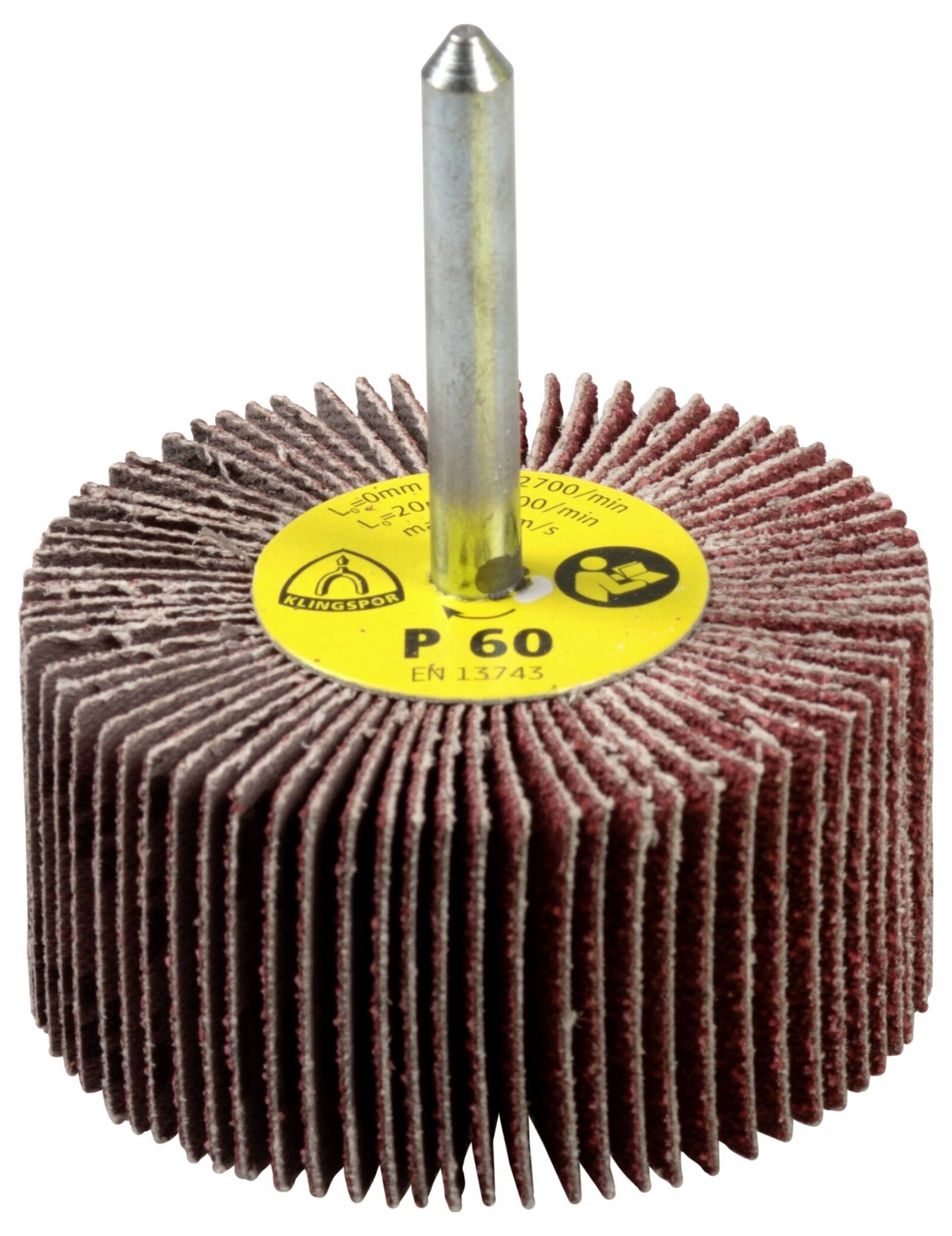 Une roue à lamelles abrasives avec une tige métallique centrale et portant l'étiquette « P 60 ». La roue est composée de feuilles abrasives superposées pour poncer ou meuler des surfaces.