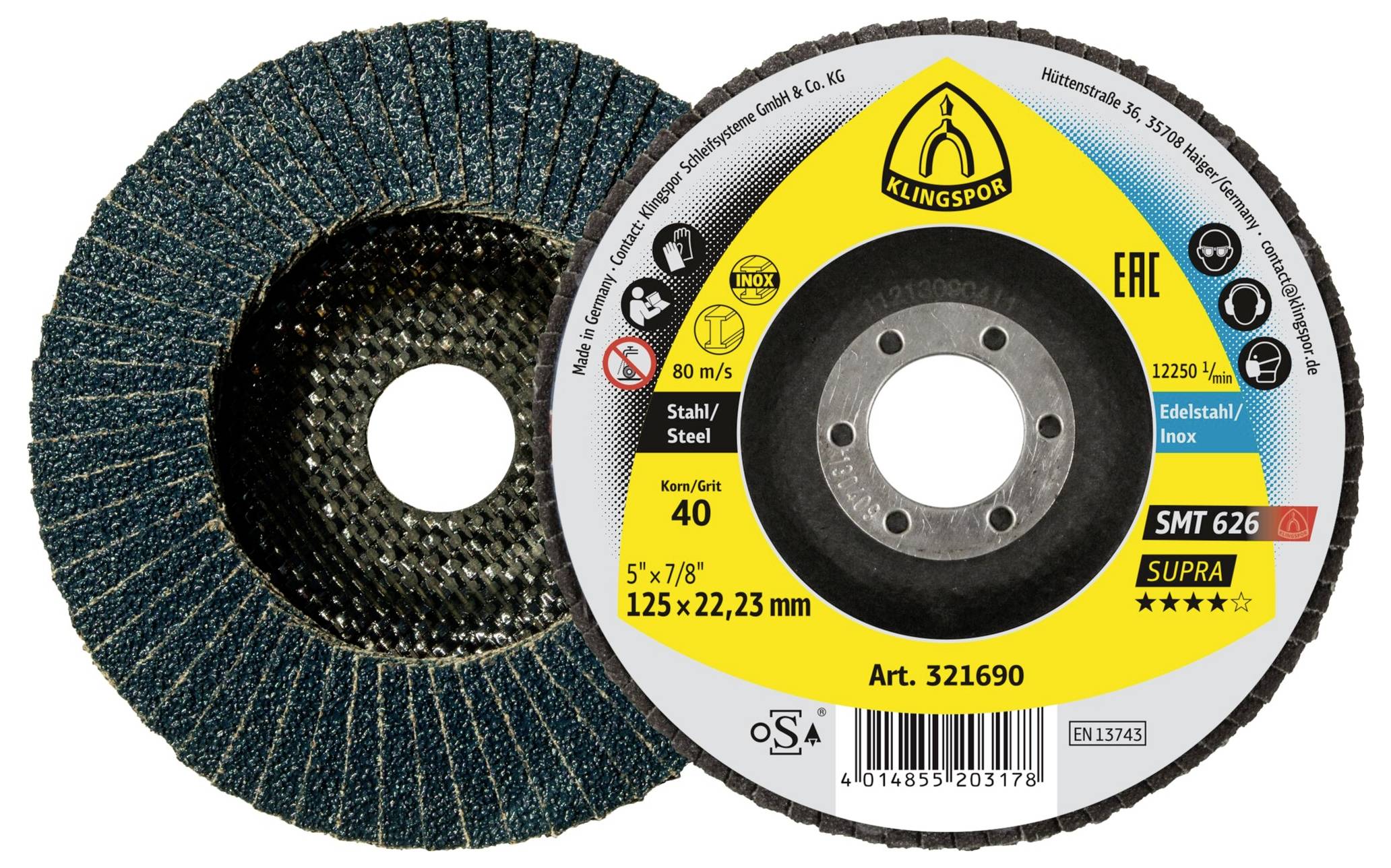 Un disque à lamelles Klingspor bleu pour le meulage de l'acier. La bague extérieure affiche les spécifications : grain 40, 125x22,23 mm, vitesse maximale 80 m/s, modèle SMT 626.