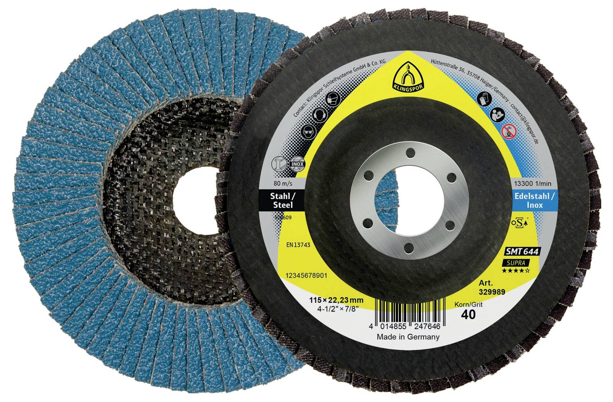 Deux disques à lamelles pour meulage, l'un montrant des lamelles abrasives, l'autre portant une étiquette indiquant la convenance pour l'acier, taille 115 mm.