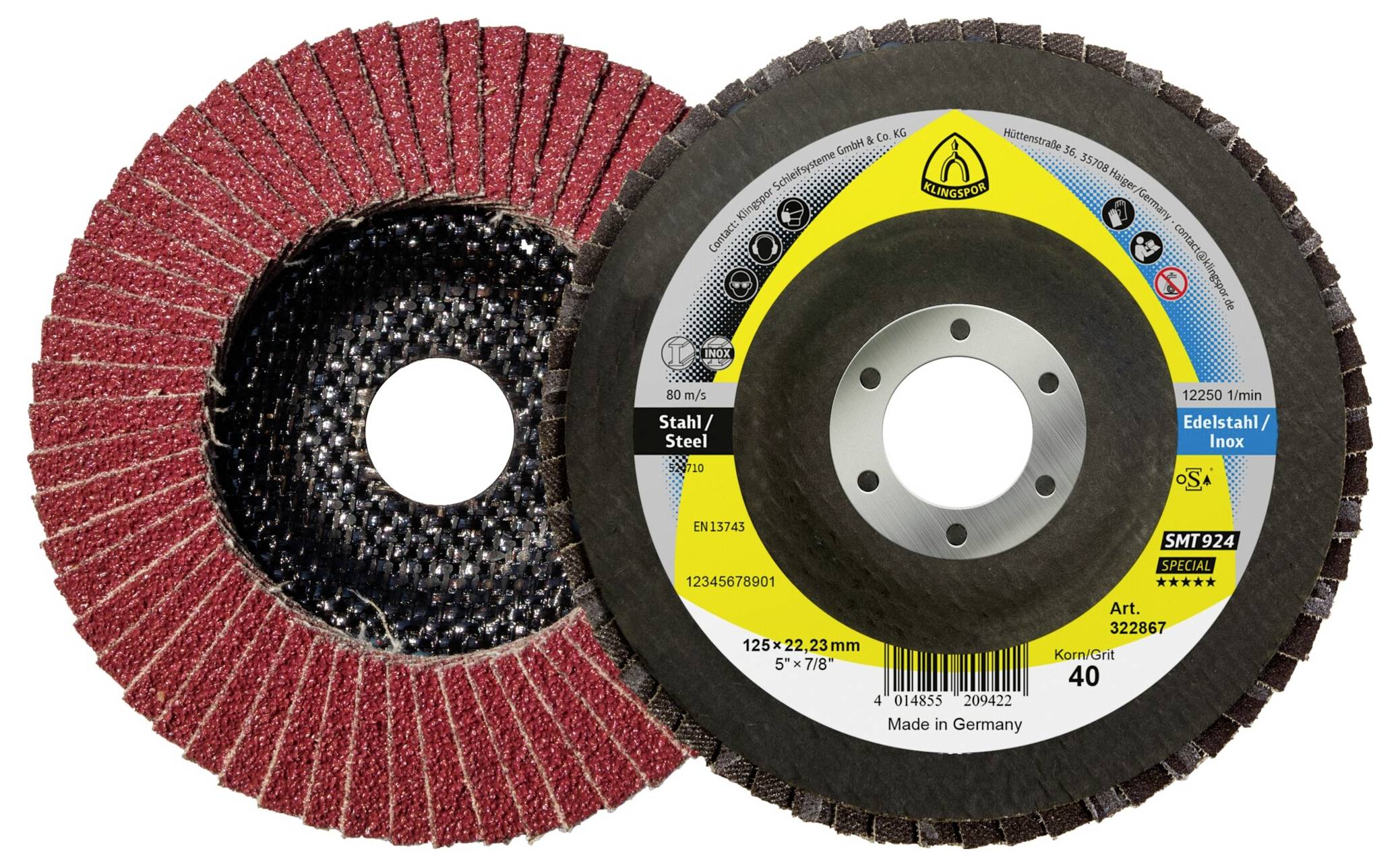 Disque à lamelles abrasives vue de face et de dos ; adapté pour l'acier et l'acier inoxydable ; étiqueté pour un diamètre de 125 mm et un grain de 40.