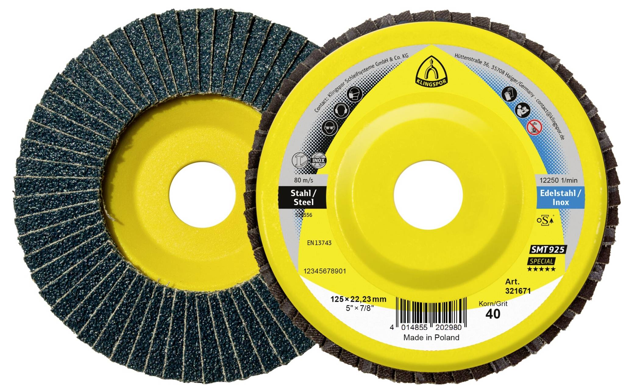 Deux disques à lamelles, l'un montrant la surface abrasive et l'autre portant une étiquette jaune affichant les spécifications, notamment la granulométrie, le type d'acier et l'origine.