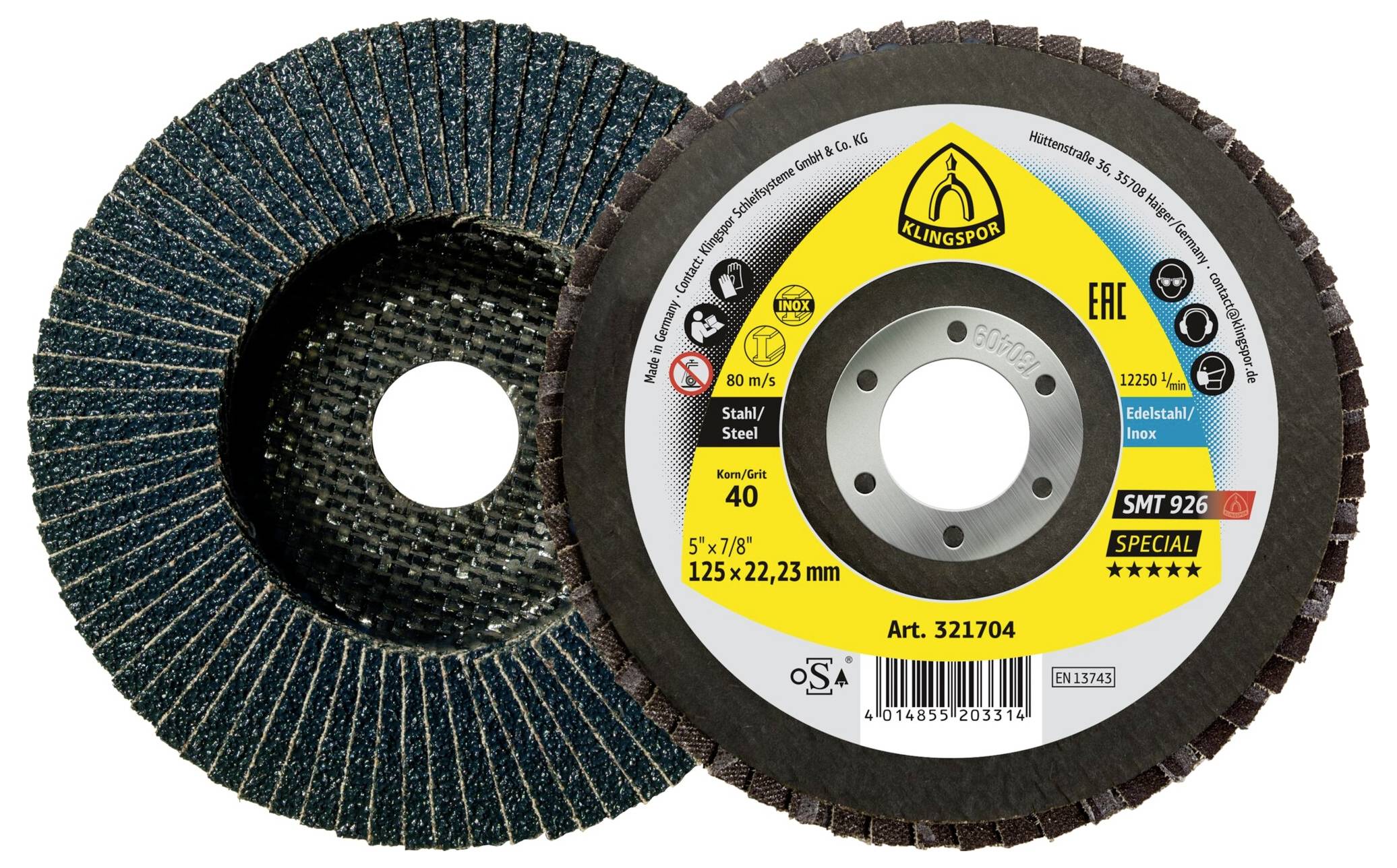 Disque à lamelles abrasives, 125 mm, grain 40, adapté à l'acier, présentant un étiquetage de protection avec consignes de sécurité et spécifications du produit.