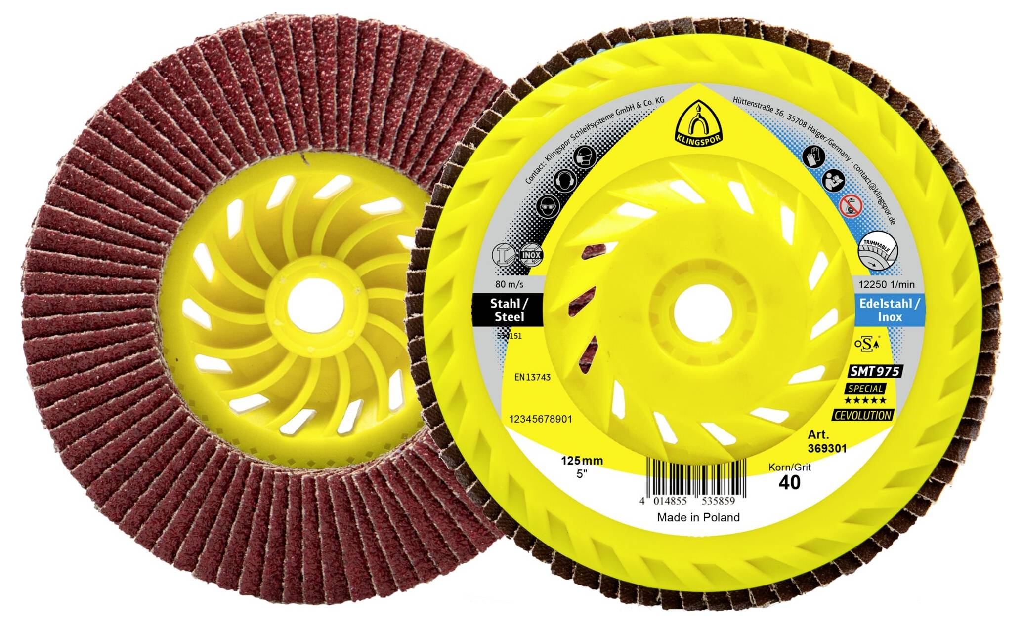 Ensemble de disques à lamelles, avec un centre en plastique jaune et une surface abrasive marron, utilisé pour le meulage des métaux. L'étiquette indique les spécifications et le code-barres.