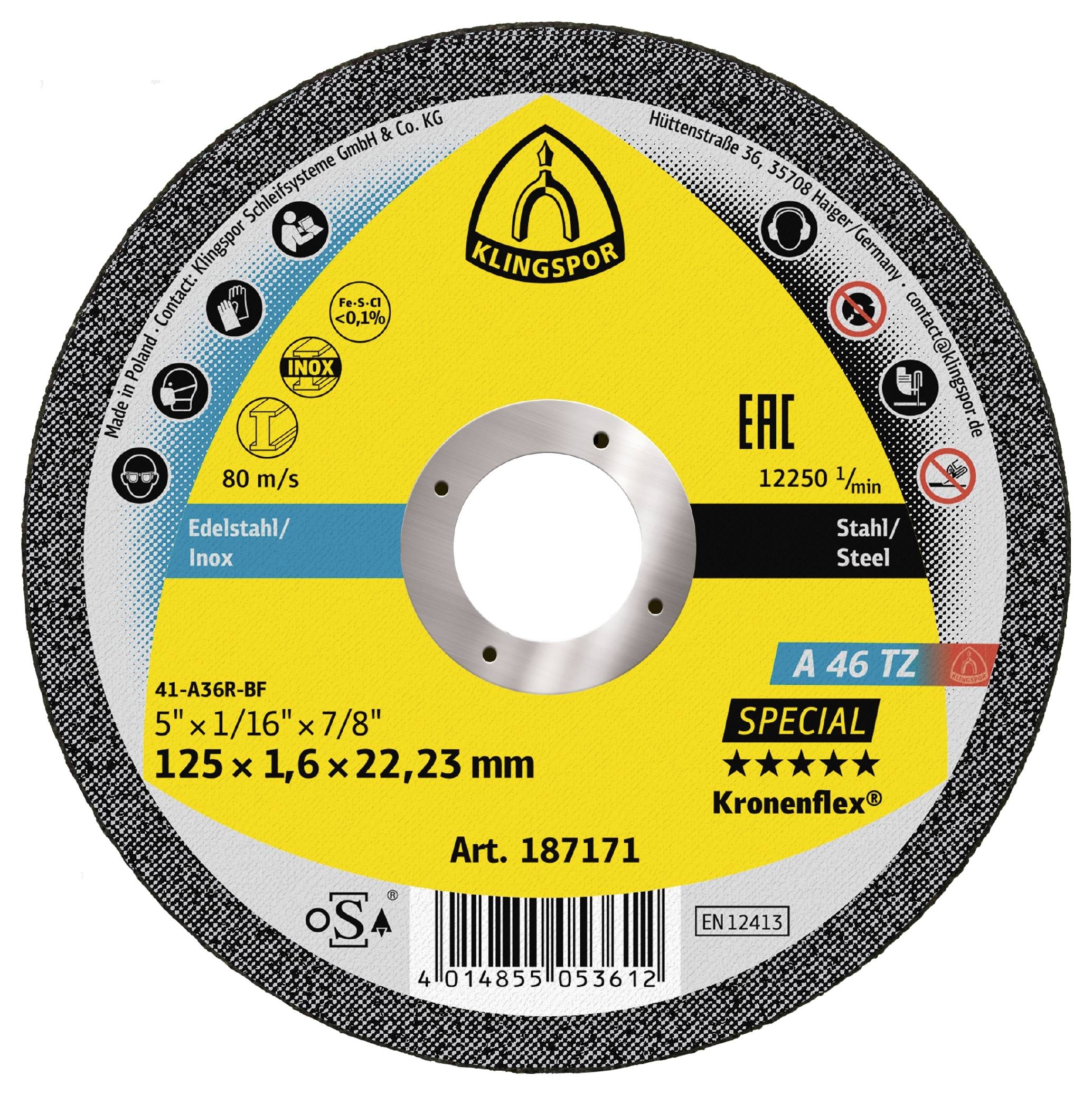 Klingspor A 46 TZ Special 187171 Disque à tronçonner 125 mm 25 pc(s) acier inoxydable, acier