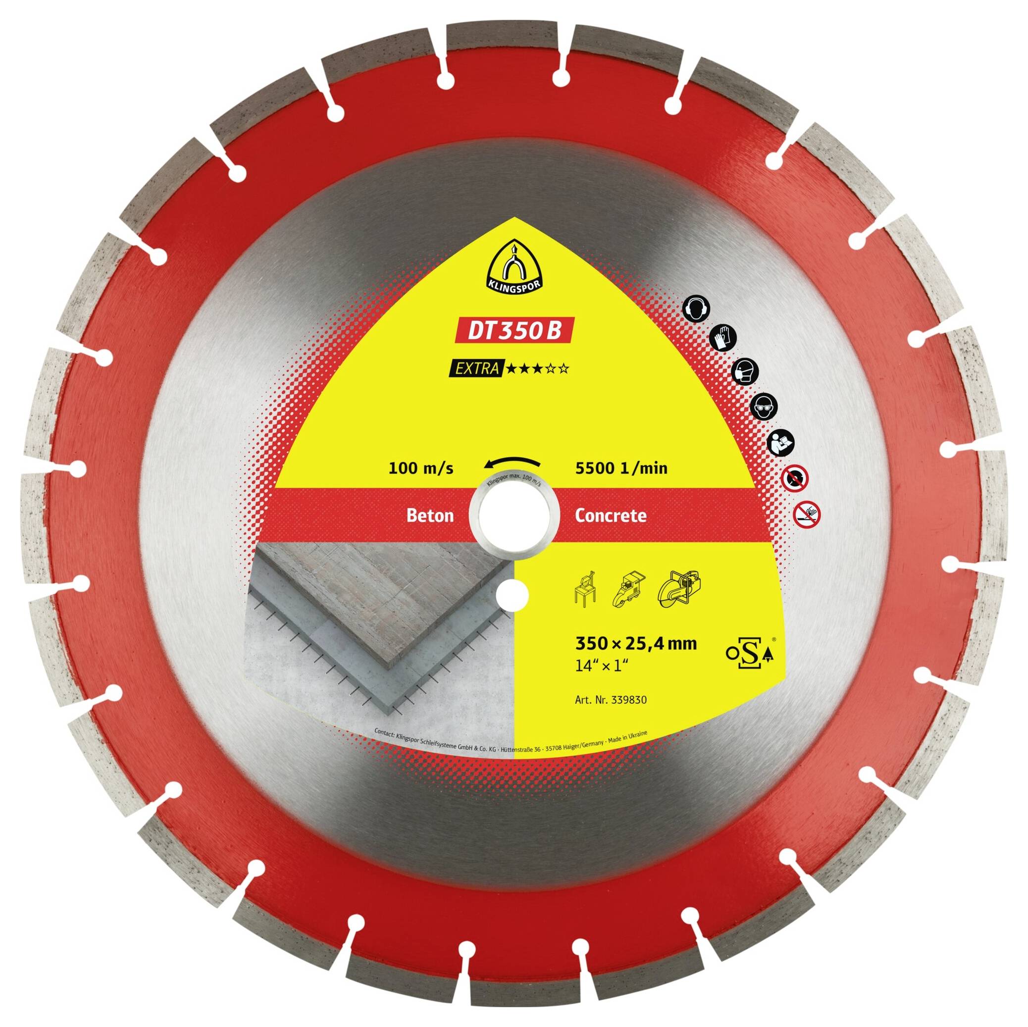 Klingspor 339830 DT 350 B Extra Disque à tronçonner diamanté Diamètre 350 mm Ø de perçage 25.4 mm Béton 1 pc(s)