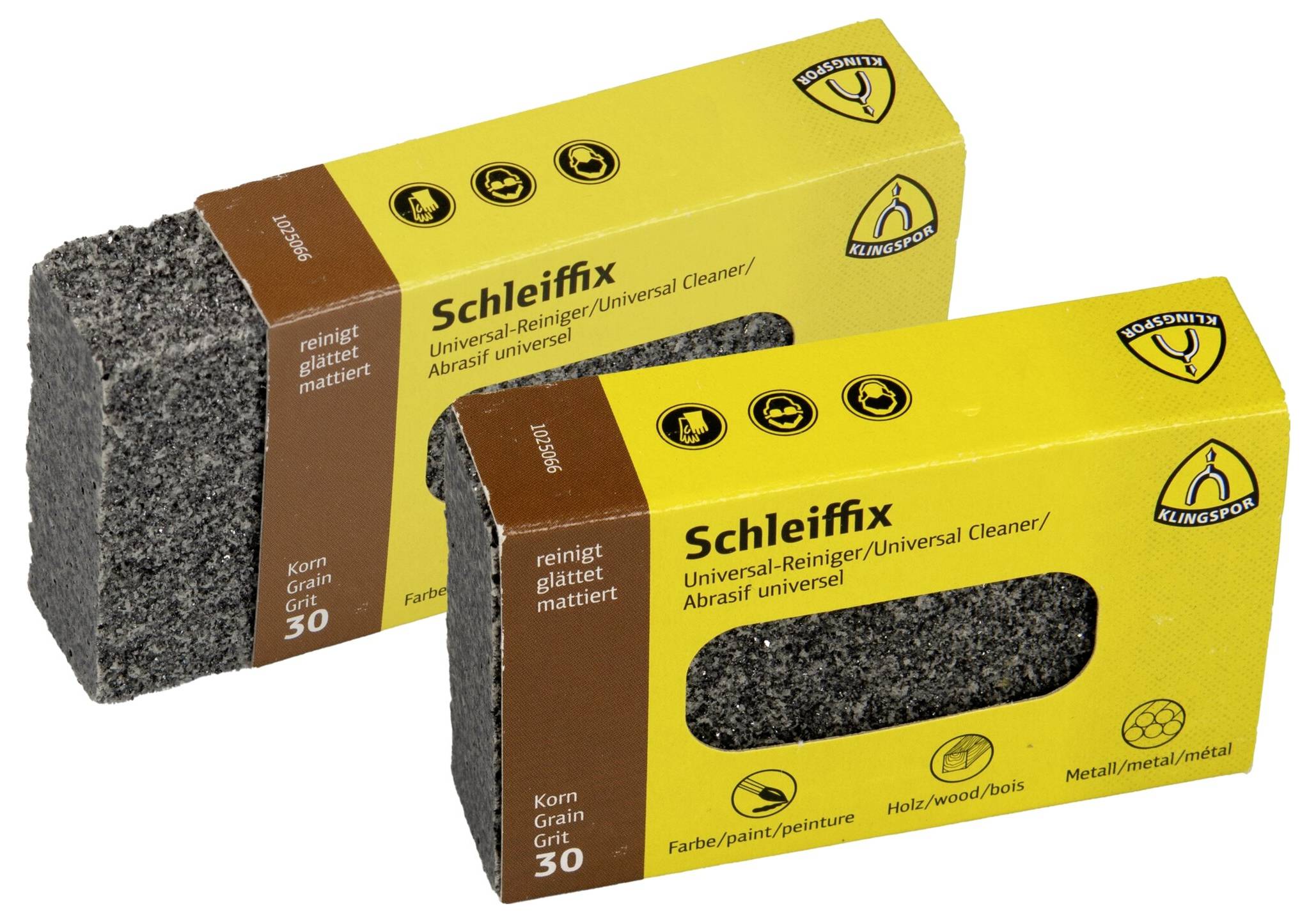 'Schleiffix Universal Cleaner' Schleifklotz, in zwei Verpackungen dargestellt, entfernt Farbe und Politur. Geeignet für Metall, Holz und Lack.