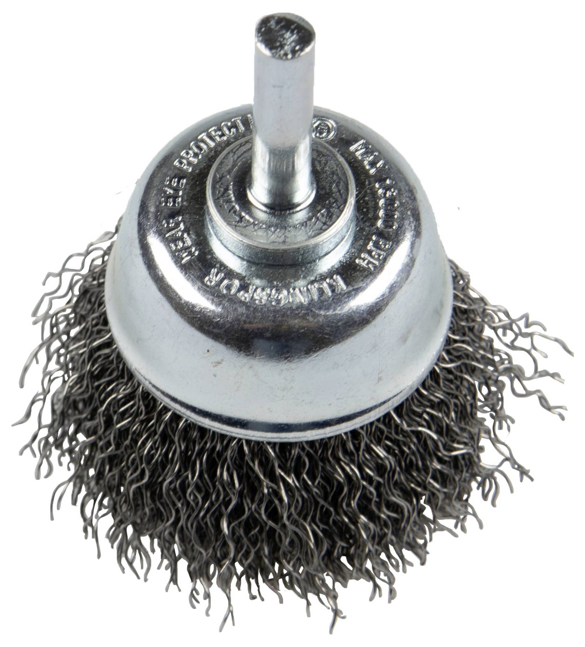Un embout de brosse métallique à fils torsadés, généralement utilisé pour nettoyer ou meuler des surfaces, avec un support cylindrique.