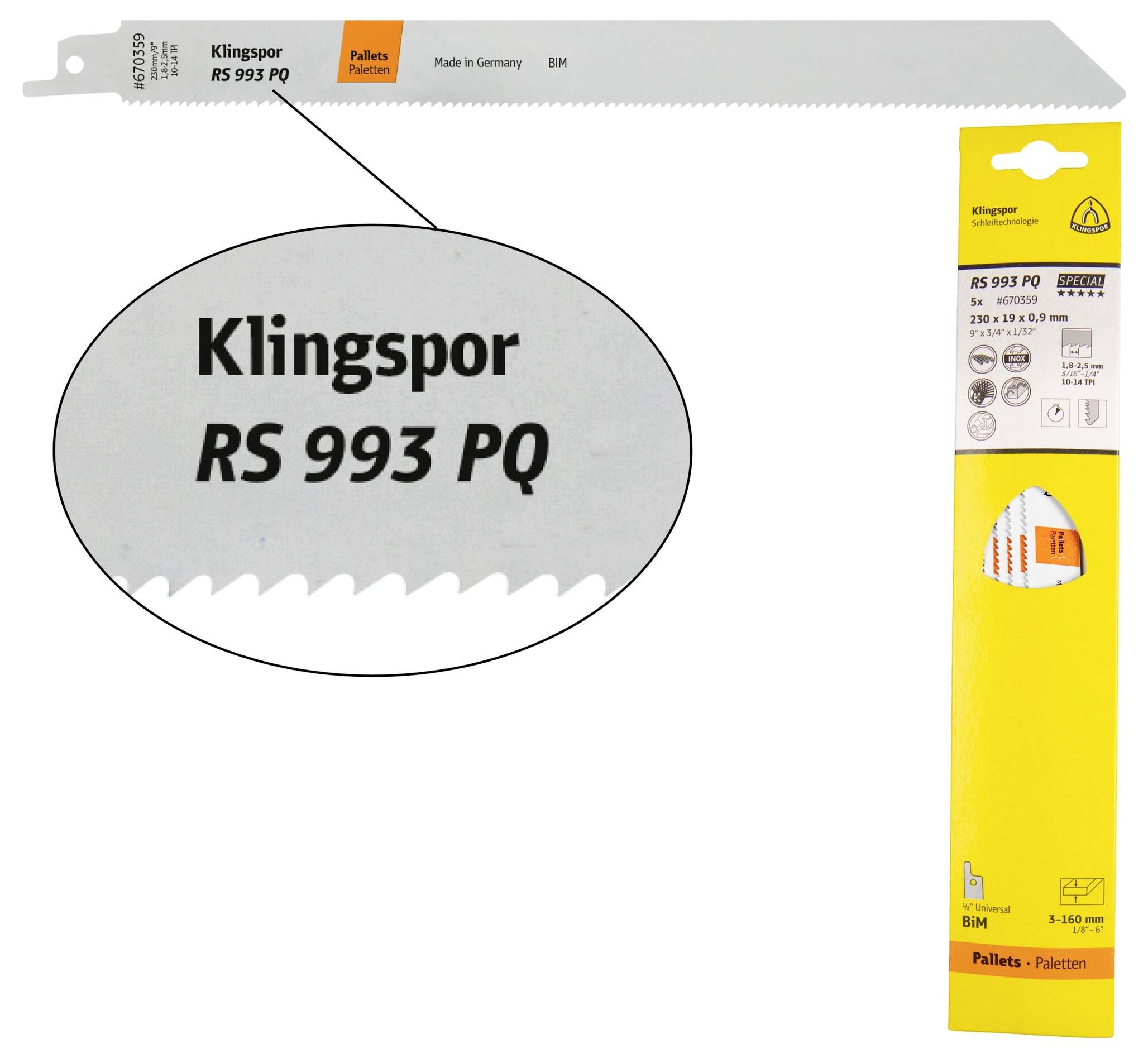 Klingspor 670359 RS 993 PQ lames de scie sabre, 230 x 19 x 0,9 mm longueur utile 210Bi-métal, fraisé, meublé, 10-14 dents par