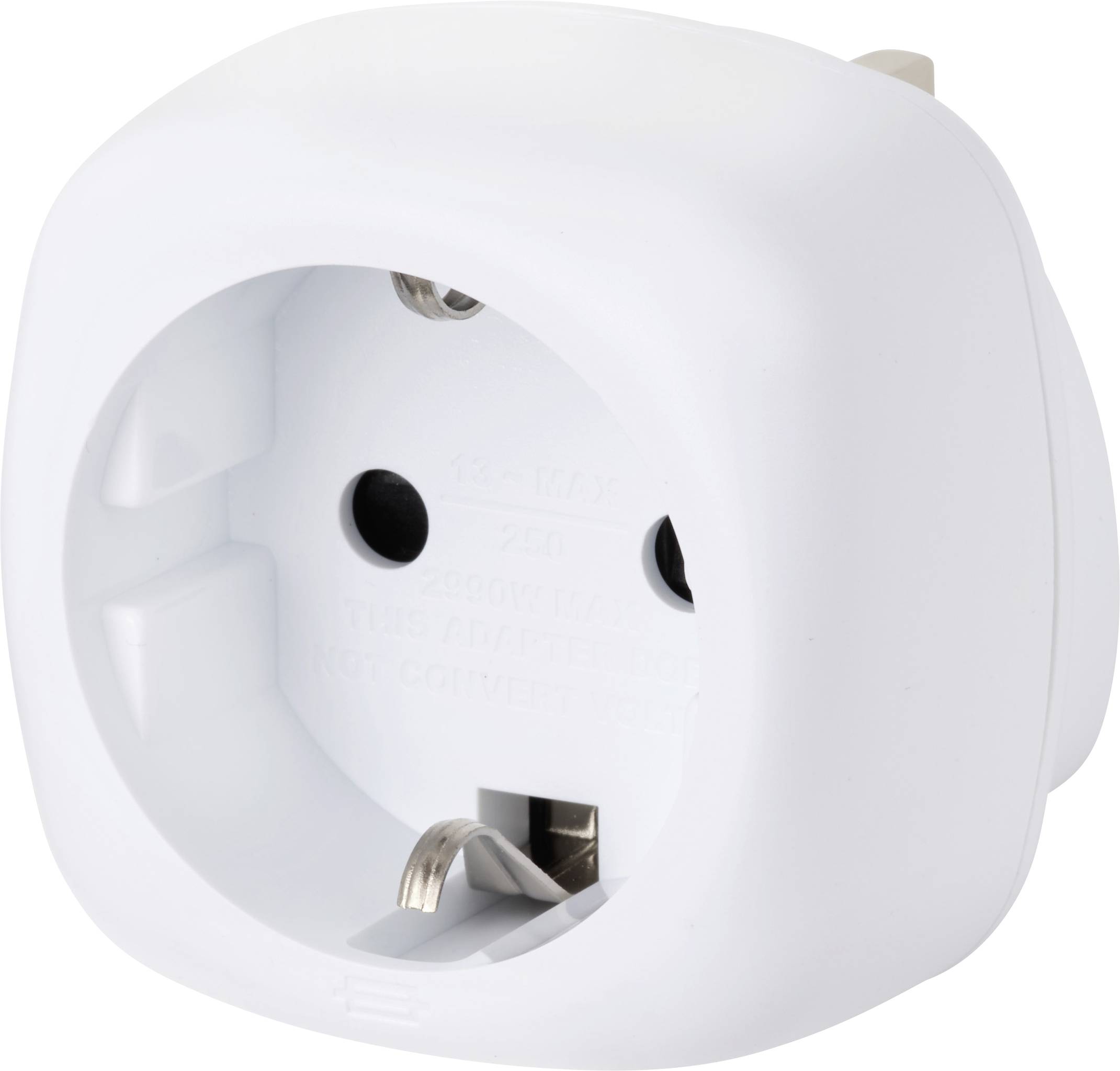Un adaptateur électrique blanc à deux prises rondes, compatible avec les prises européennes, conçu pour un branchement facile des appareils.
