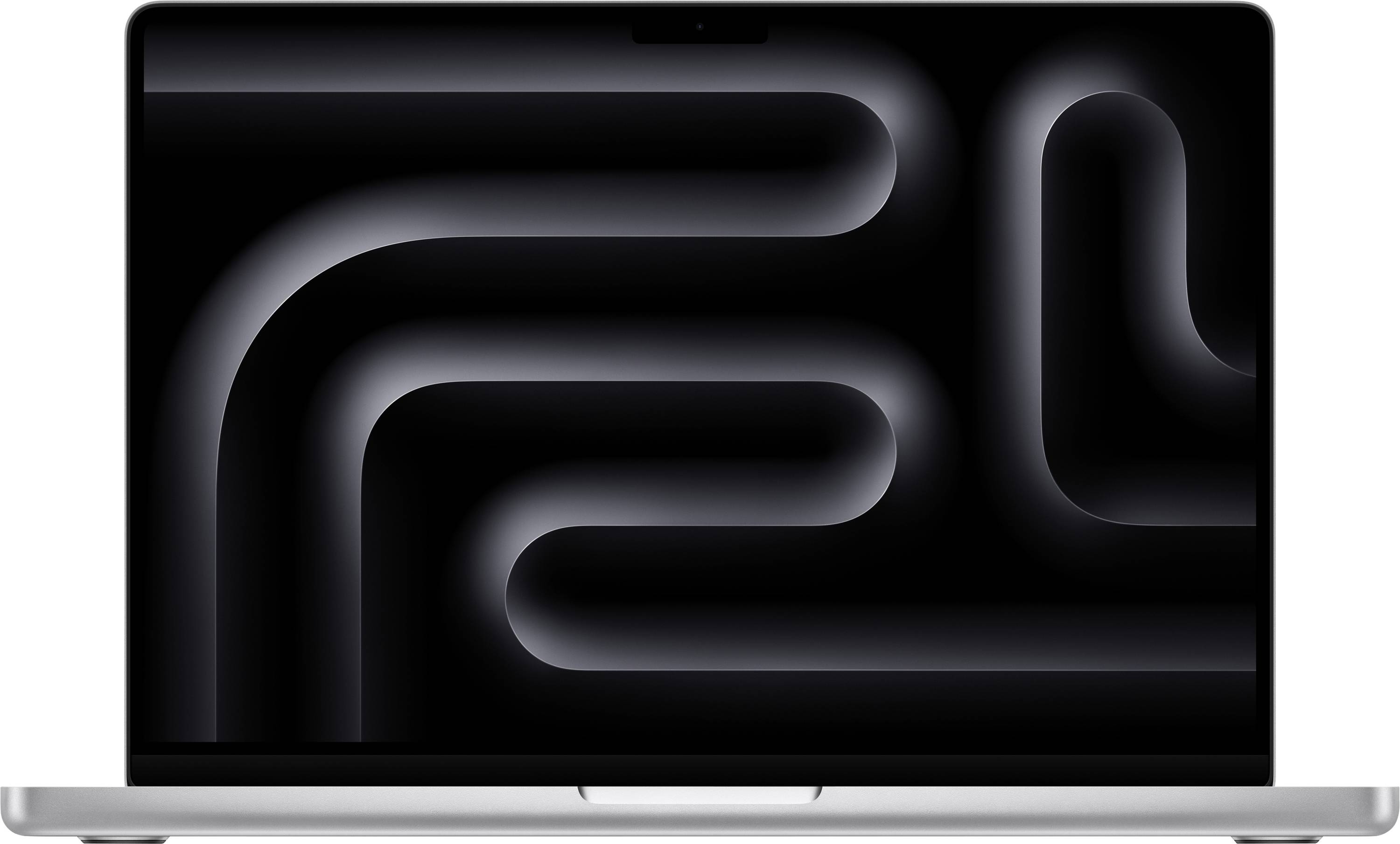 Ein Laptop, der ein minimalistisches, schwarzes und graues abstraktes Muster auf seinem Bildschirm zeigt.