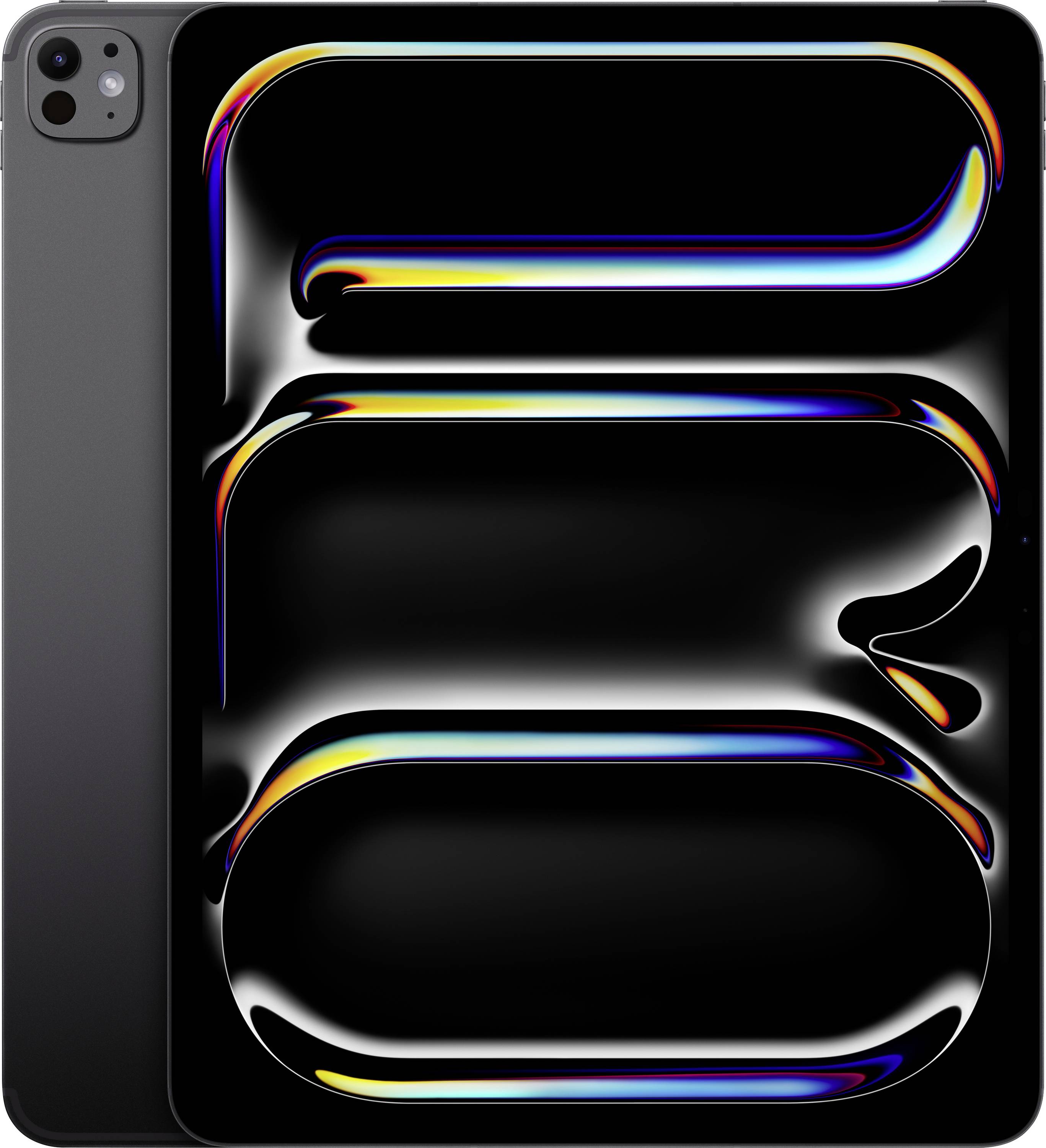 Ein Tablet mit einem lebhaften, abstrakten Design auf dem Bildschirm, das schwarze Flächen und farbenfrohe Gradientenhöhepunkte zeigt und flüssigmetallische Formen nachahmt.