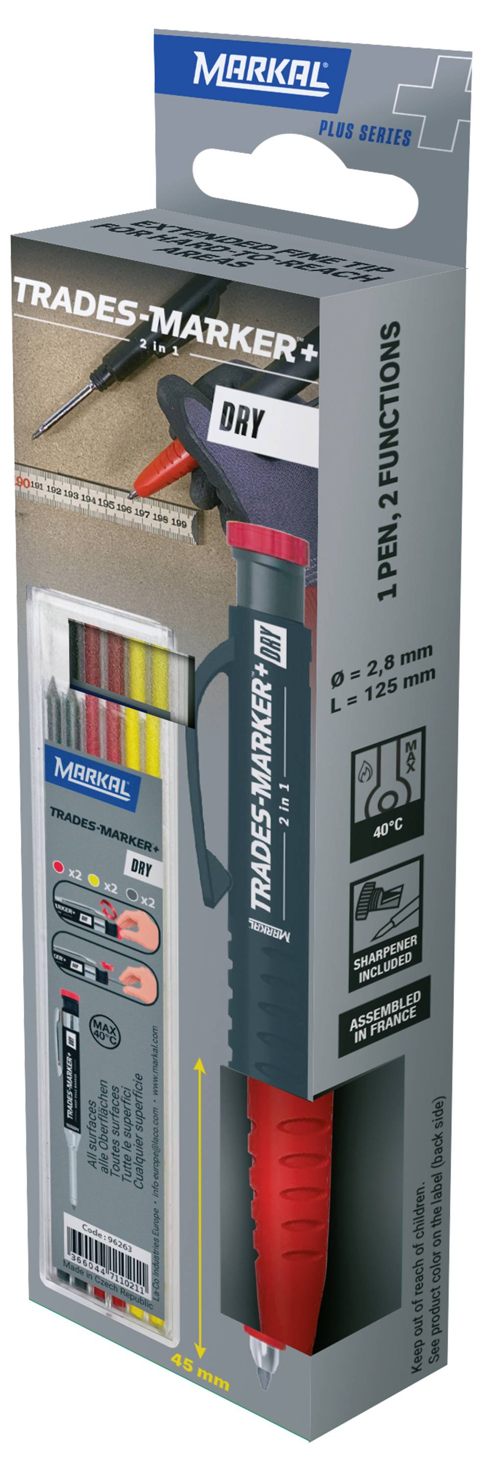 Packaging of a Markal Trades-Marker+ pen in blue box showing images of the pen and text highlighting its dual functions and accessories.