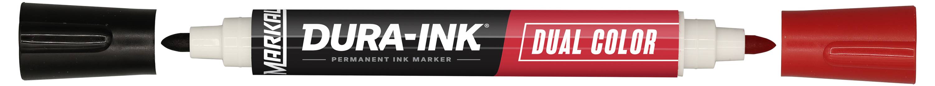 A dual-color marker with black and red ink, labeled 'DURA-INK'.