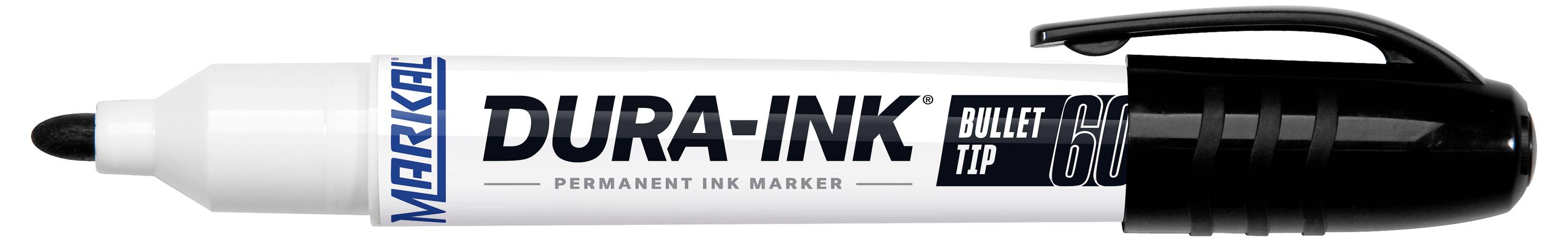 A black and white permanent marker labeled 'Dura-Ink Bullet Tip 60' with a black clip cap.
