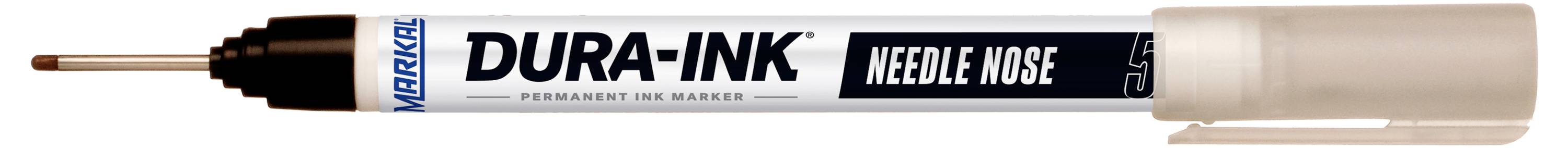 A black and white 'DURA-INK' permanent marker with a needle nose tip, cap off, lying horizontally.